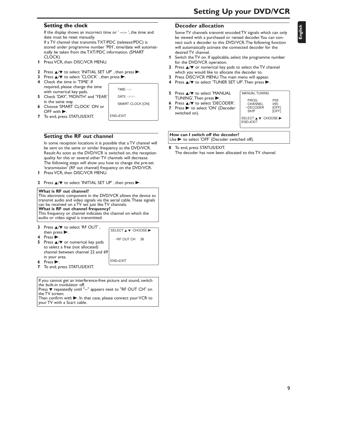 Philips DVD757VR/02 manual Setting the clock, Setting the RF out channel, Decoder allocation 