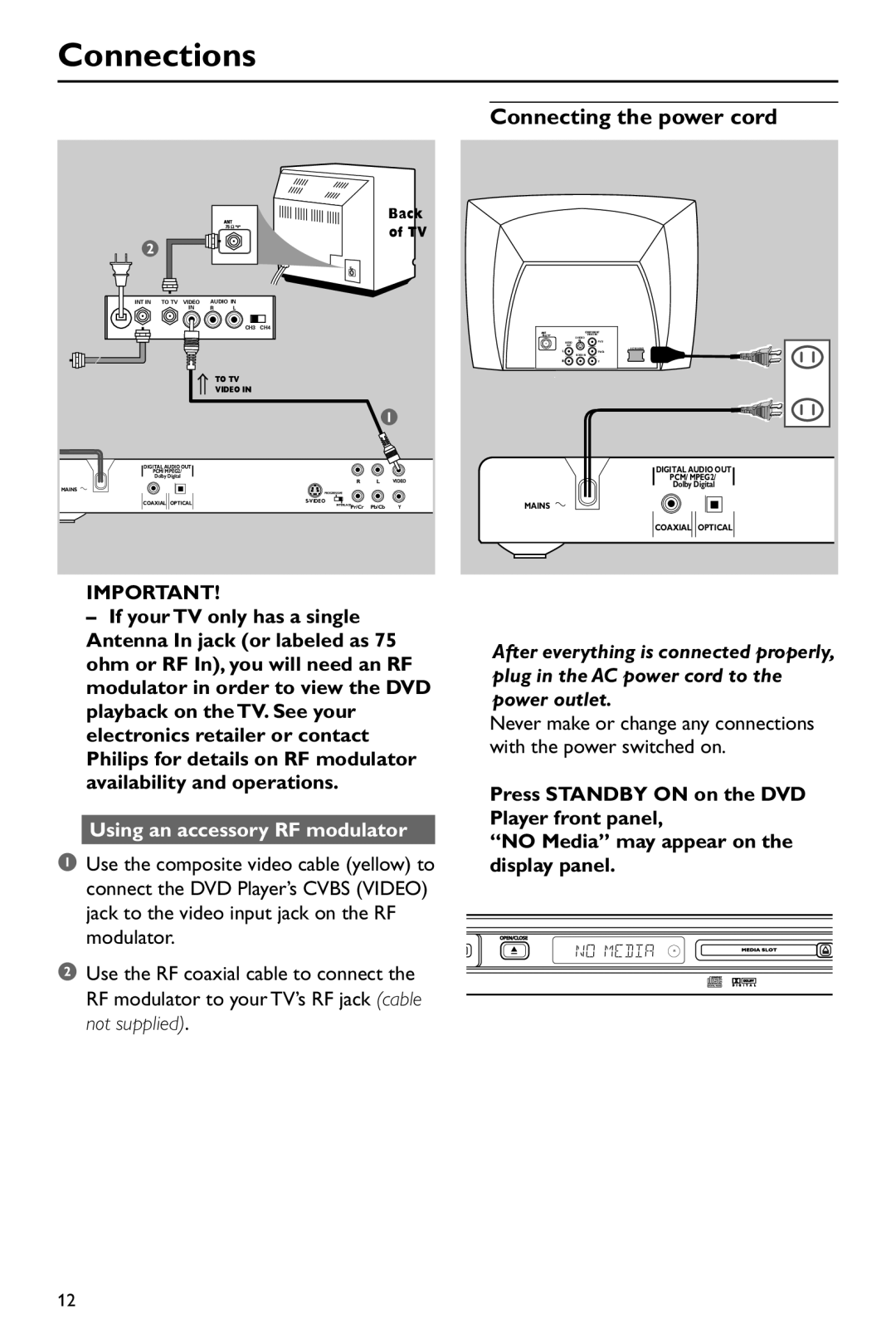 Philips DVD760 warranty Connecting the power cord, Using an accessory RF modulator 