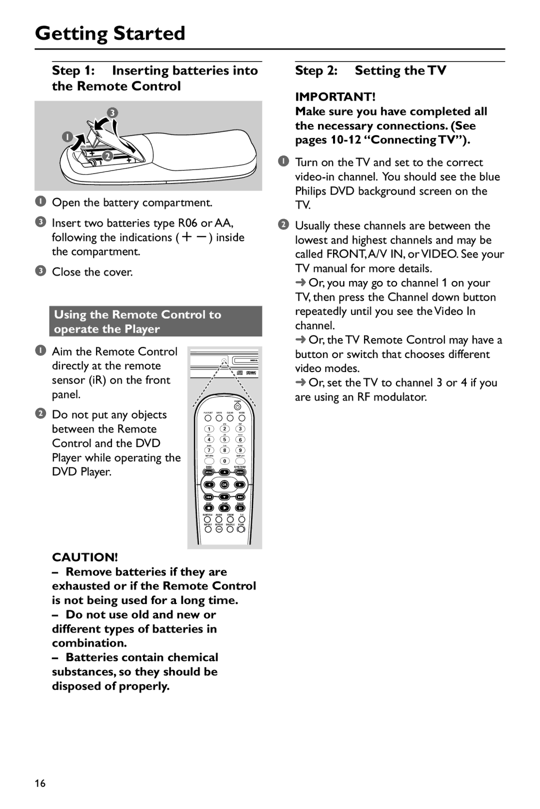 Philips DVD760 warranty Getting Started, Inserting batteries into the Remote Control, Setting the TV 