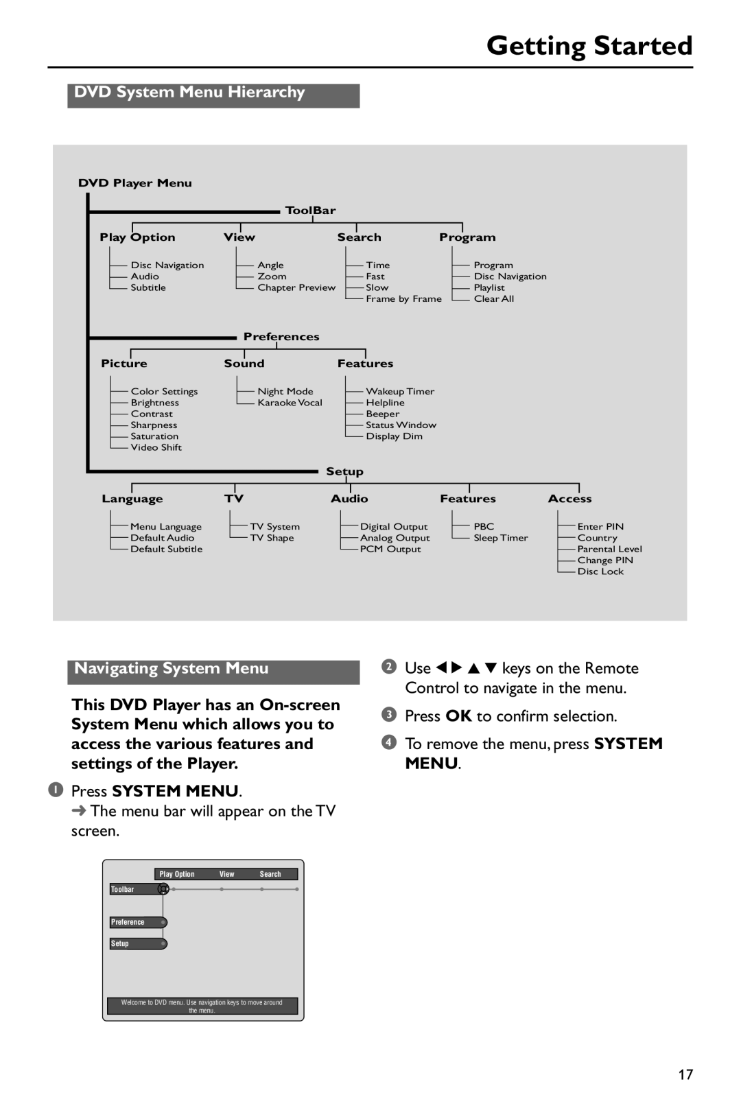 Philips DVD760 warranty DVD System Menu Hierarchy, Navigating System Menu, Menu bar will appear on the TV screen 