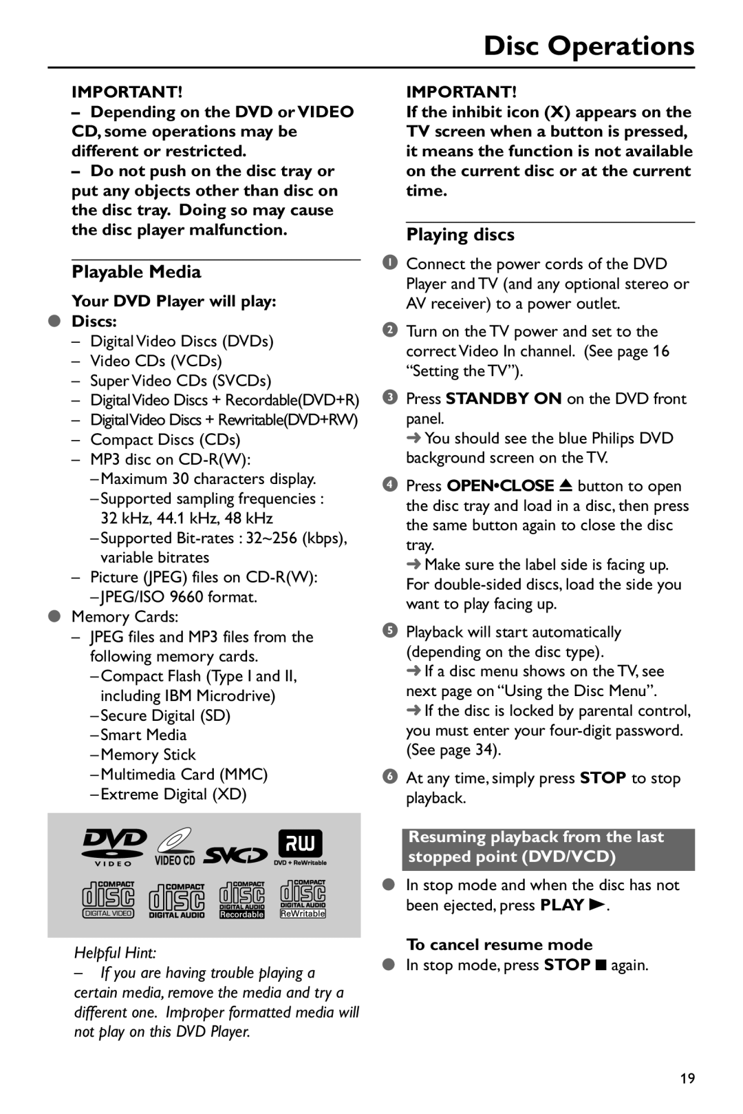 Philips DVD760 Disc Operations, Playable Media, Playing discs, Resuming playback from the last stopped point DVD/VCD 