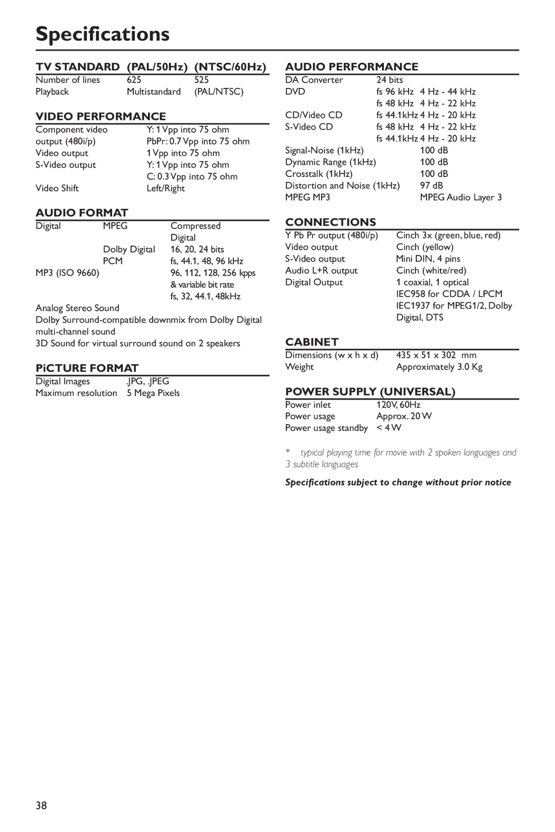 Philips DVD760 warranty Specifications, Video Performance 