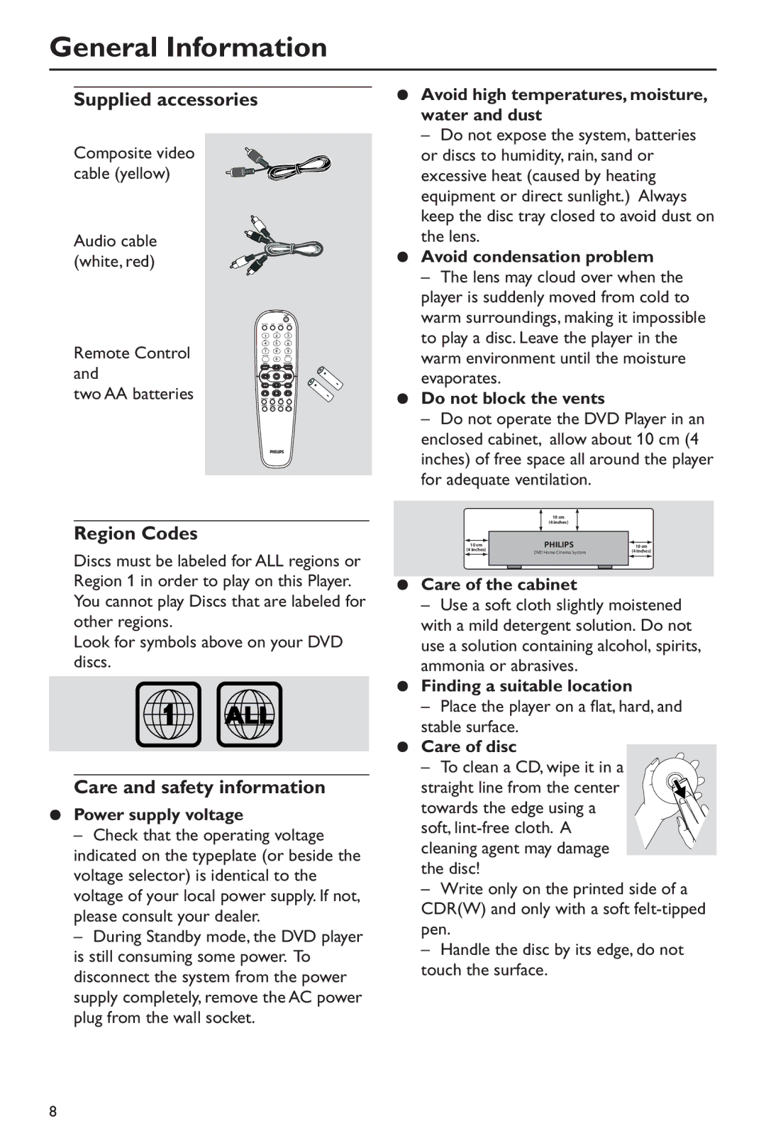 Philips DVD760 warranty Supplied accessories, Region Codes, Care and safety information 