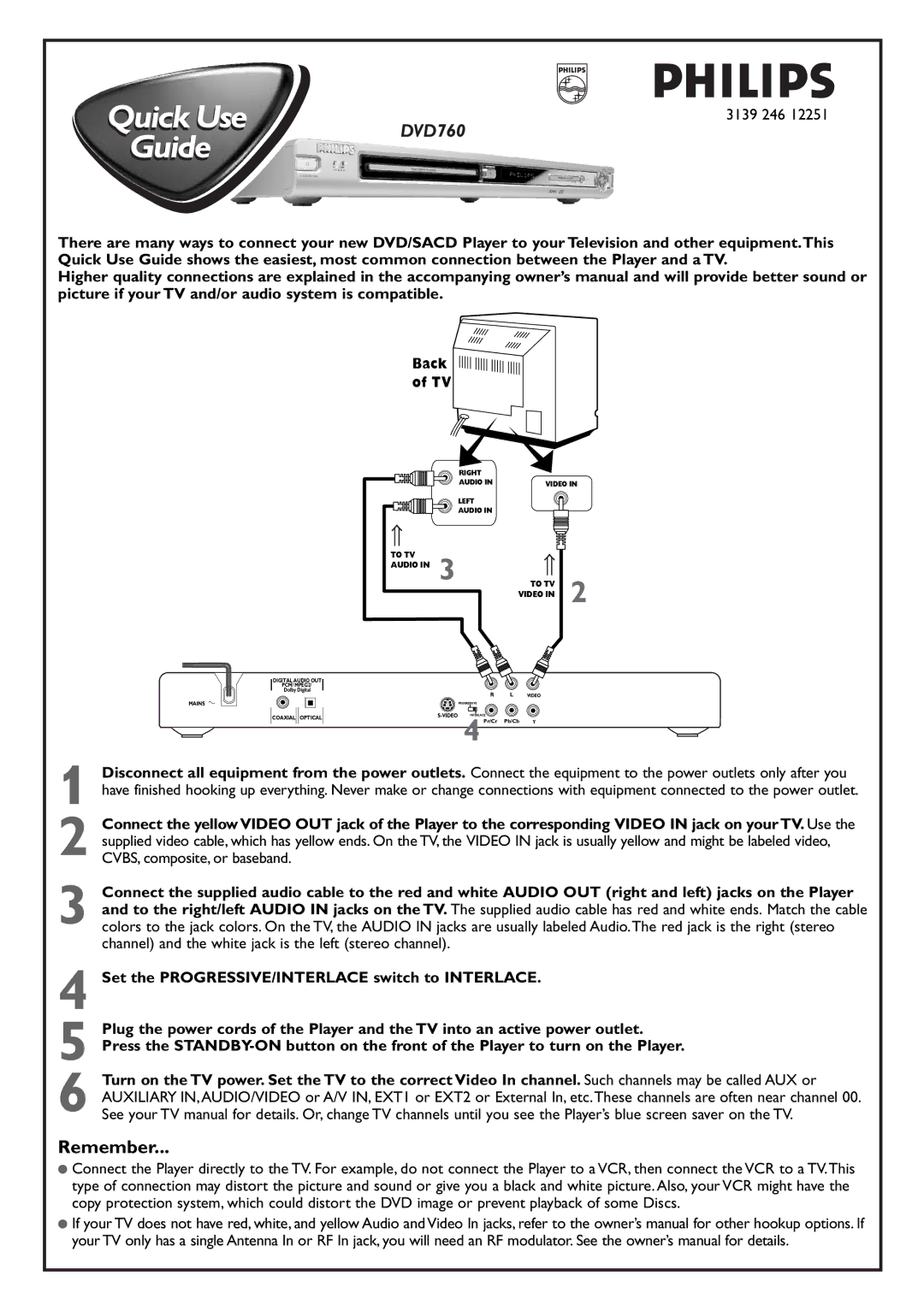 Philips DVD760/17B owner manual Remember, Right Audio, Left Audio To TV Video 