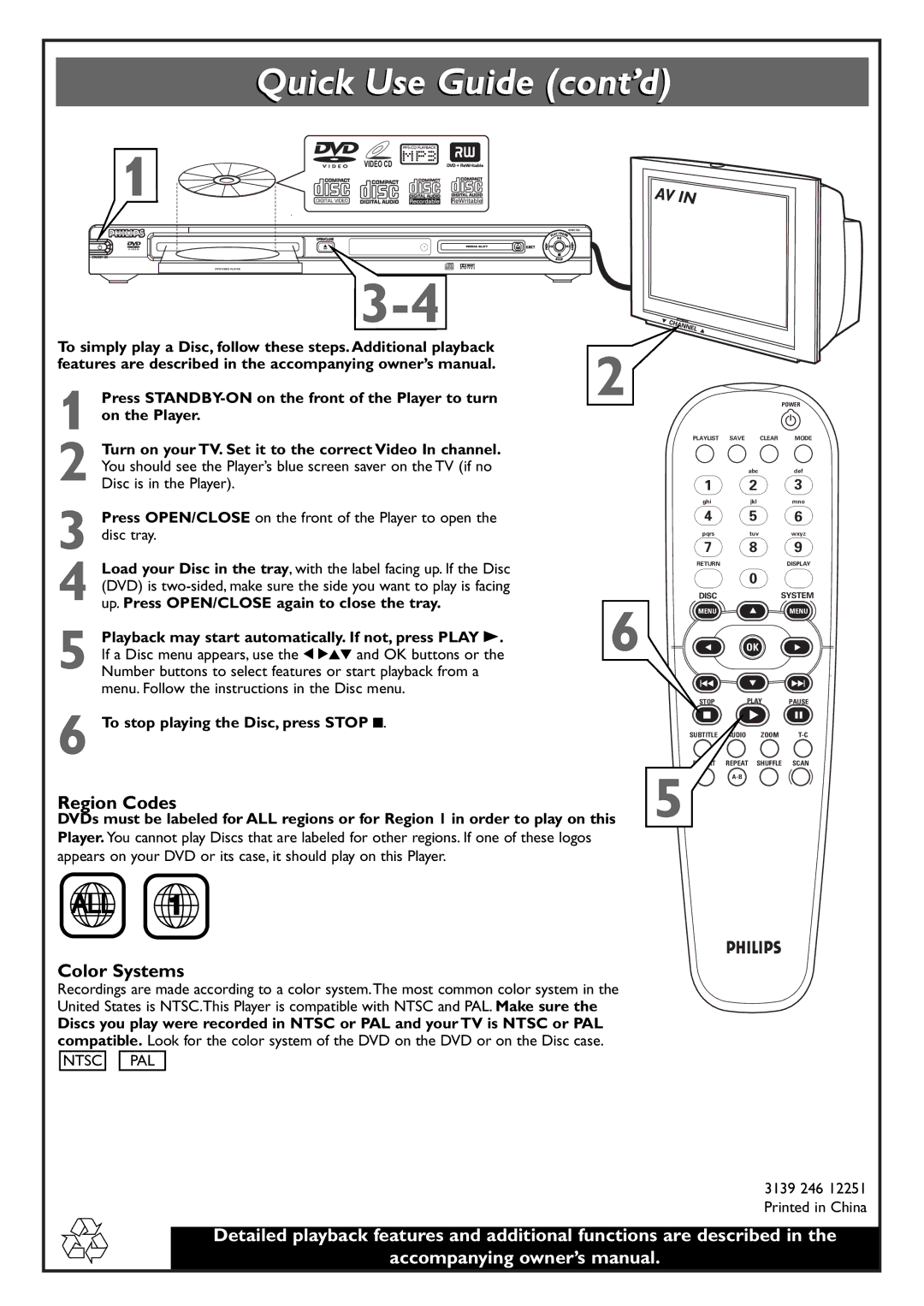 Philips DVD760/17B owner manual Quick Use Guide cont’d, Region Codes, Color Systems, Disc 