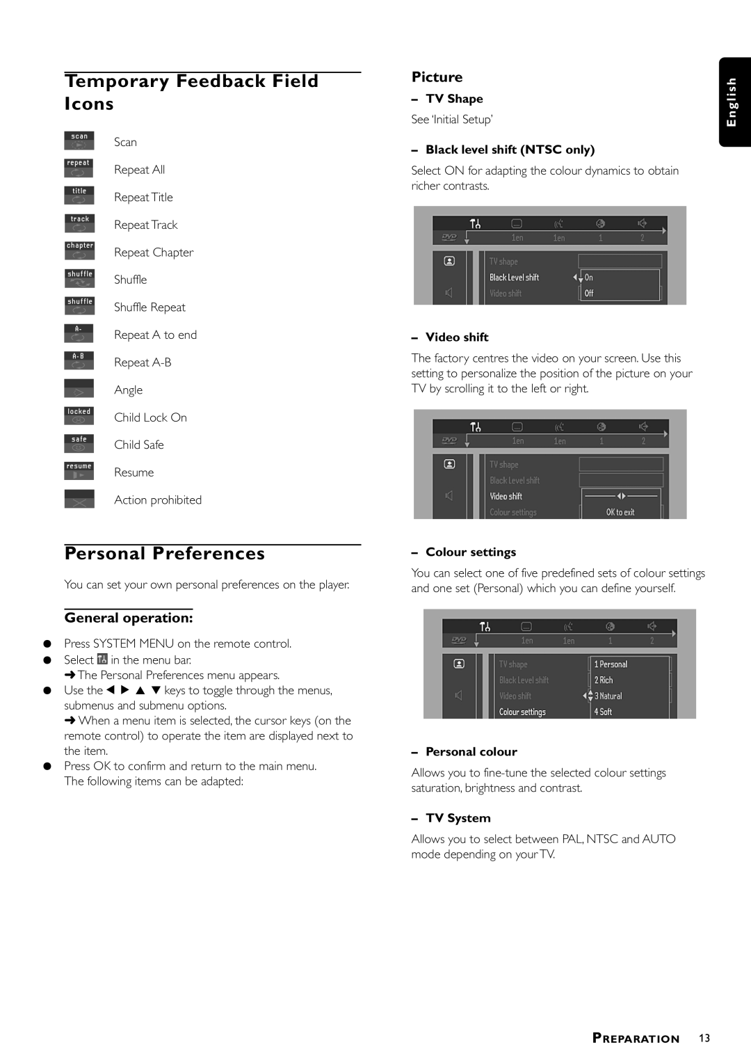 Philips DVD762/001 manual Temporary Feedback Field Icons, Personal Preferences, General operation 