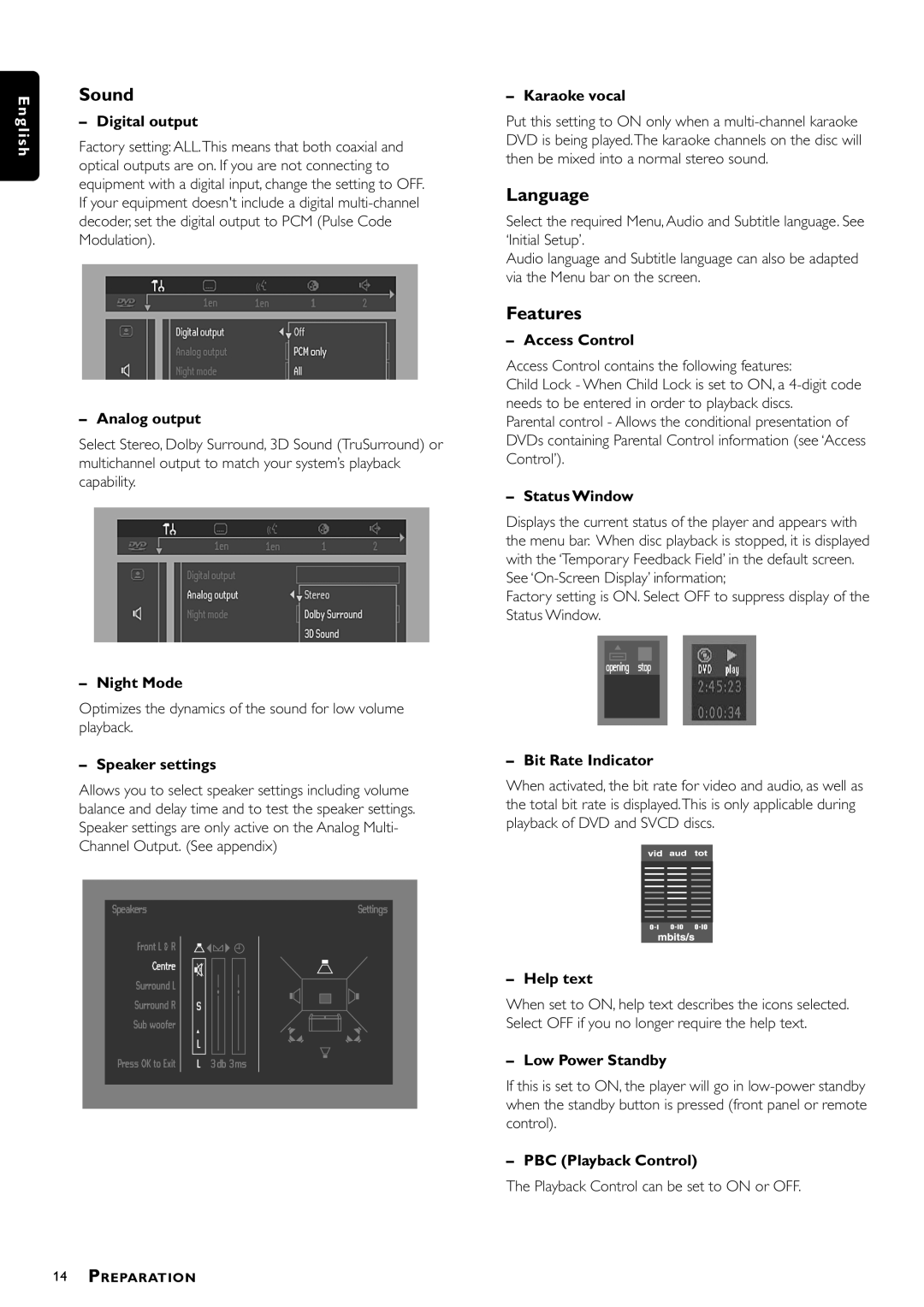 Philips DVD762/001 Digital output, Analog output, Night Mode, Speaker settings, Karaoke vocal, Access Control, Help text 