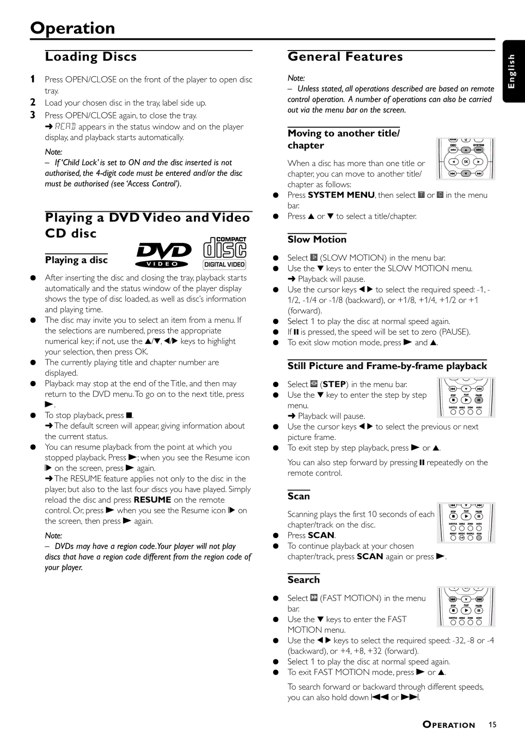 Philips DVD762/001 manual Operation, Loading Discs, Playing a DVD Video and Video CD disc, General Features 