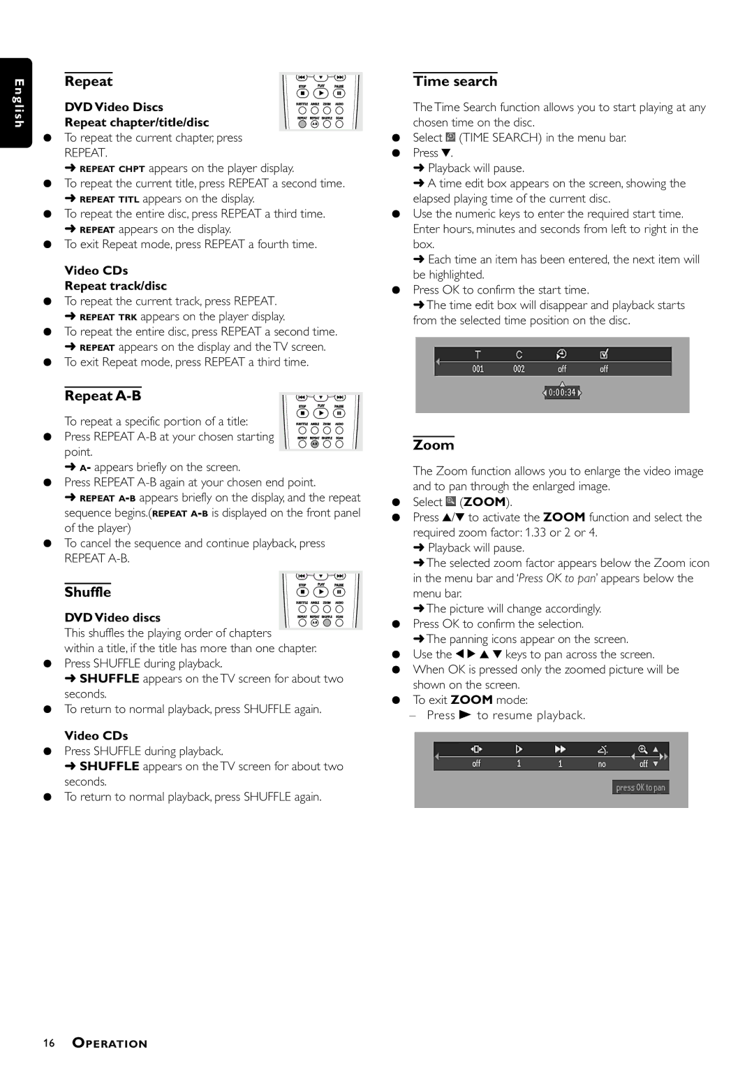 Philips DVD762/001 manual Repeat A-B, Shuffle, Time search, Zoom 