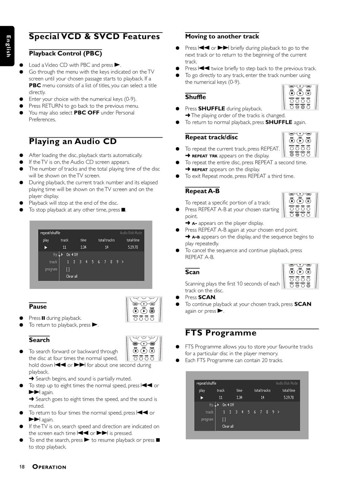 Philips DVD762/001 manual Special VCD & Svcd Features, Playing an Audio CD, FTS Programme 