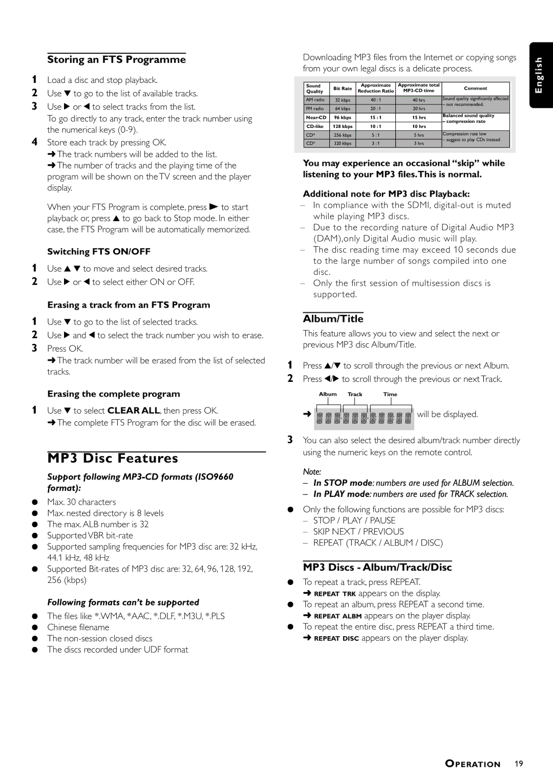 Philips DVD762/001 manual MP3 Disc Features, Storing an FTS Programme, Album/Title, MP3 Discs Album/Track/Disc 