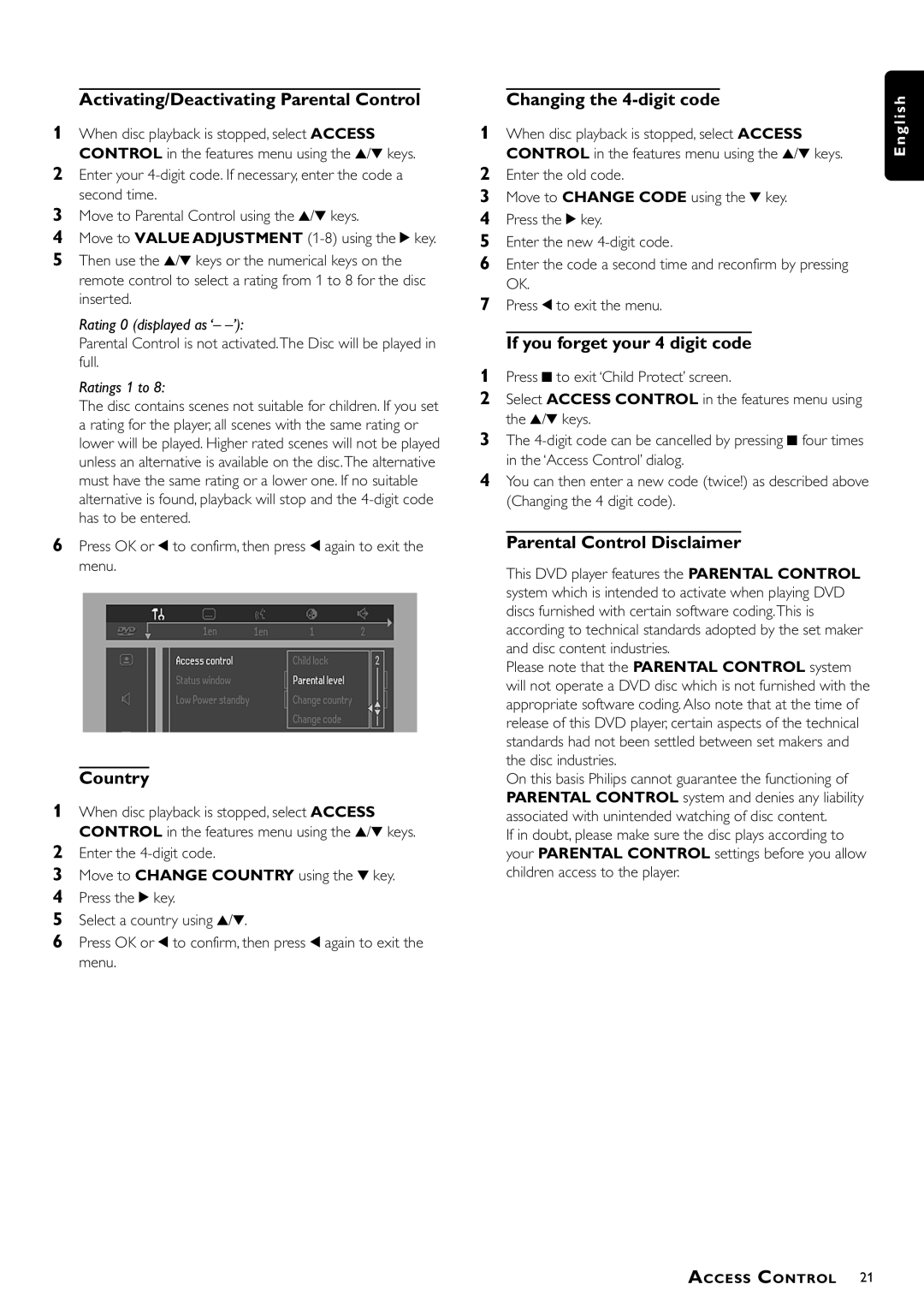 Philips DVD762/001 manual Activating/Deactivating Parental Control, Country, Changing the 4-digit code 