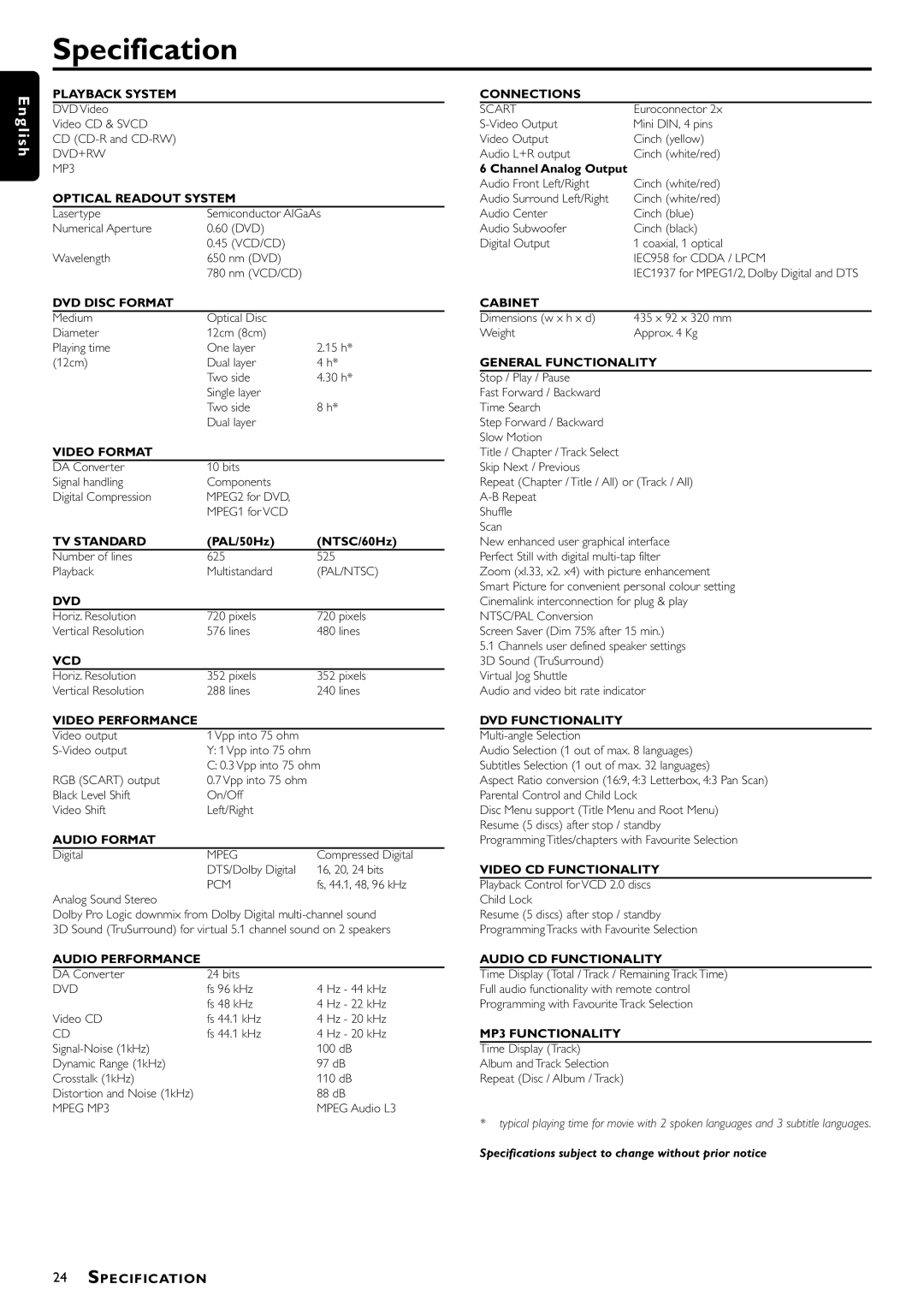 Philips DVD762/001 manual Specification, Optical Readout System 