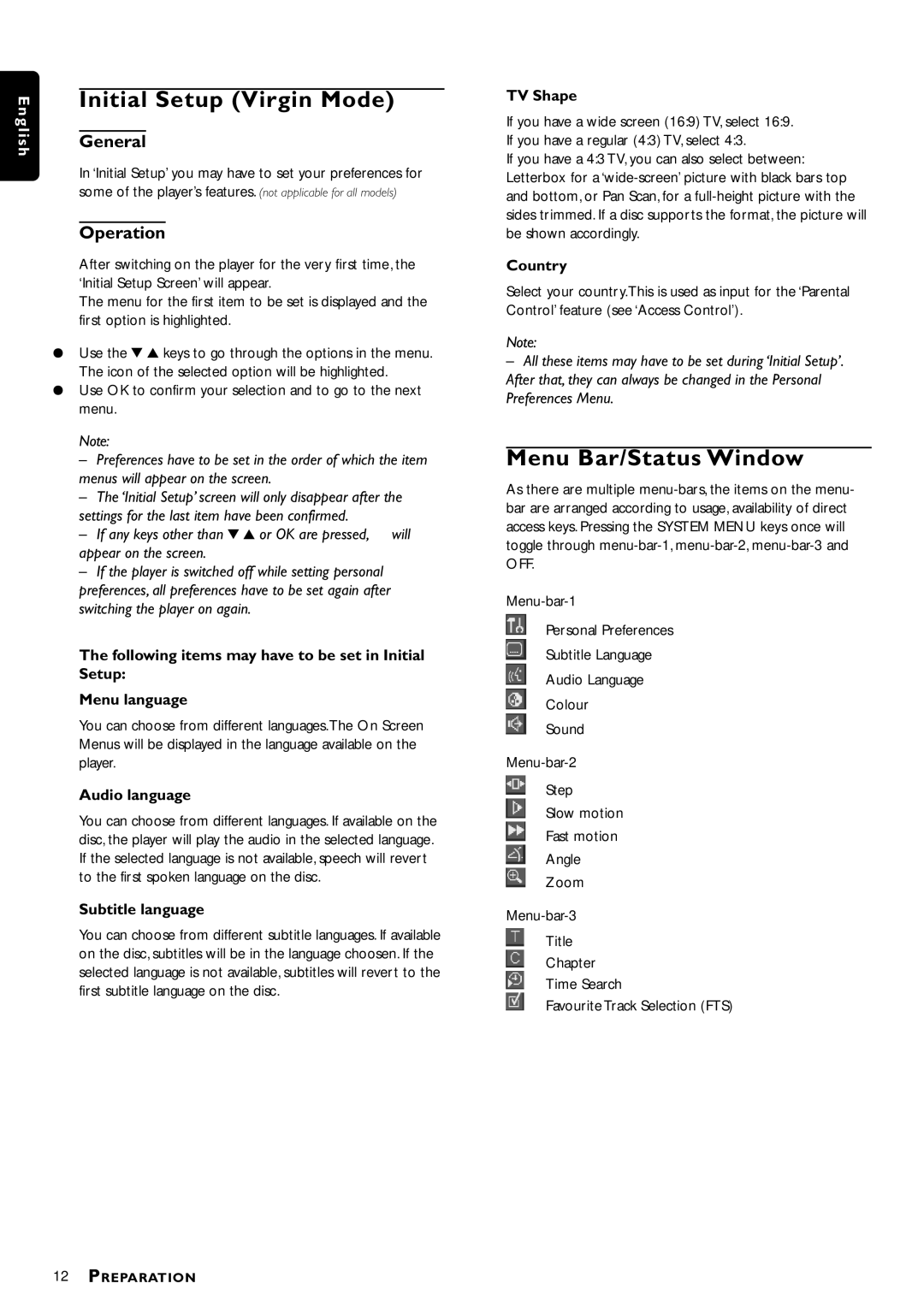 Philips DVD762/021 manual Initial Setup Virgin Mode, Menu Bar/Status Window, General, Operation 