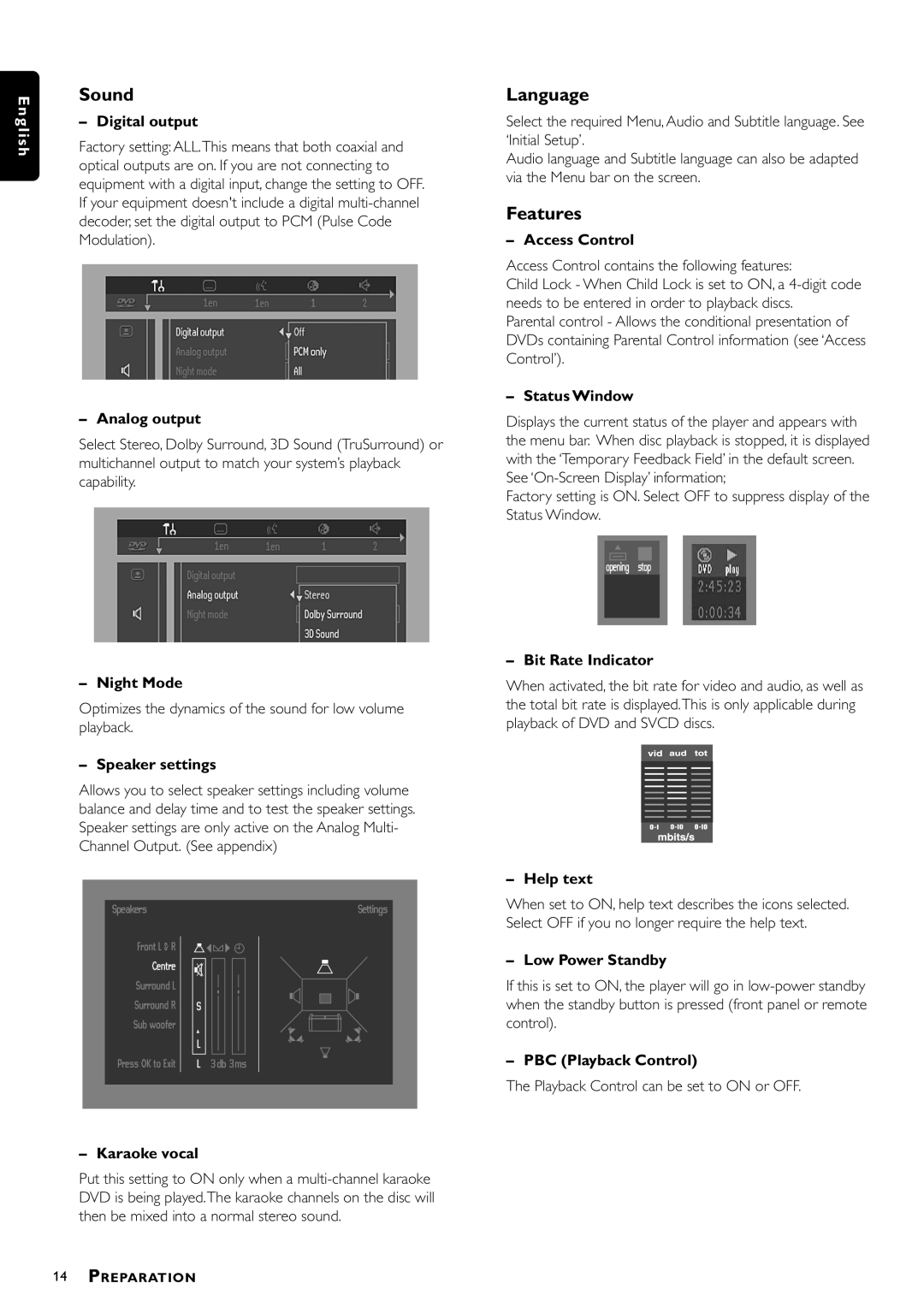 Philips DVD762/021 Digital output, Analog output, Night Mode, Speaker settings, Karaoke vocal, Access Control, Help text 