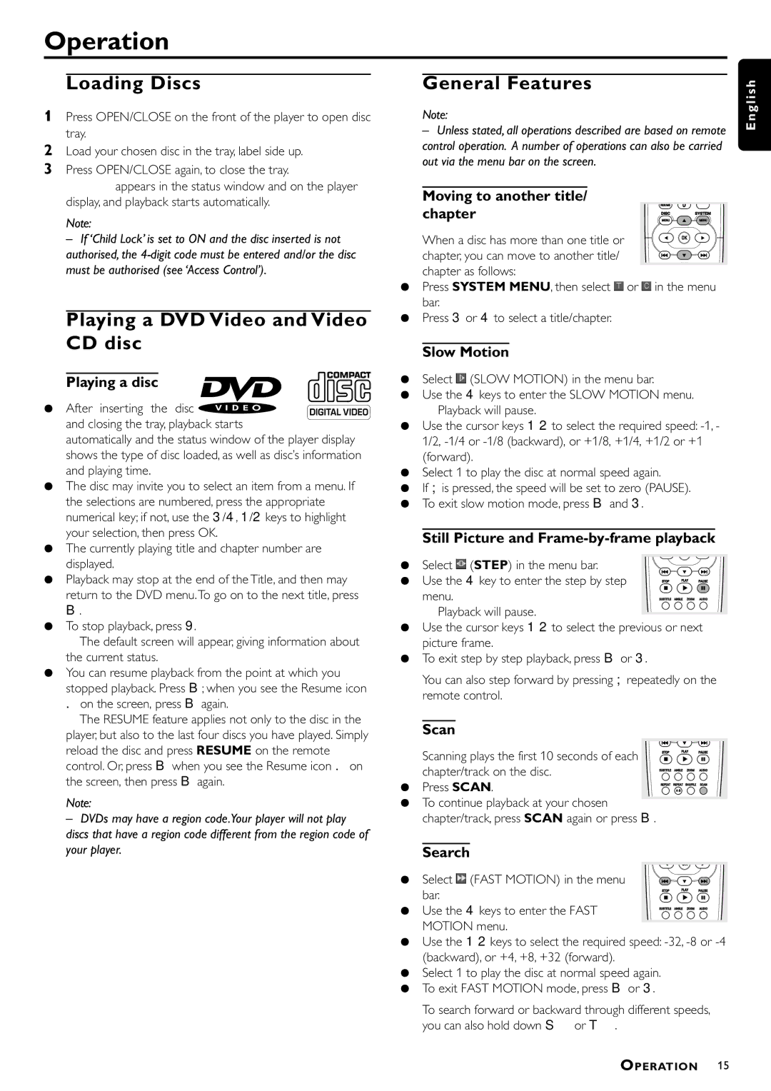 Philips DVD762/021 manual Operation, Loading Discs, Playing a DVD Video and Video CD disc, General Features 