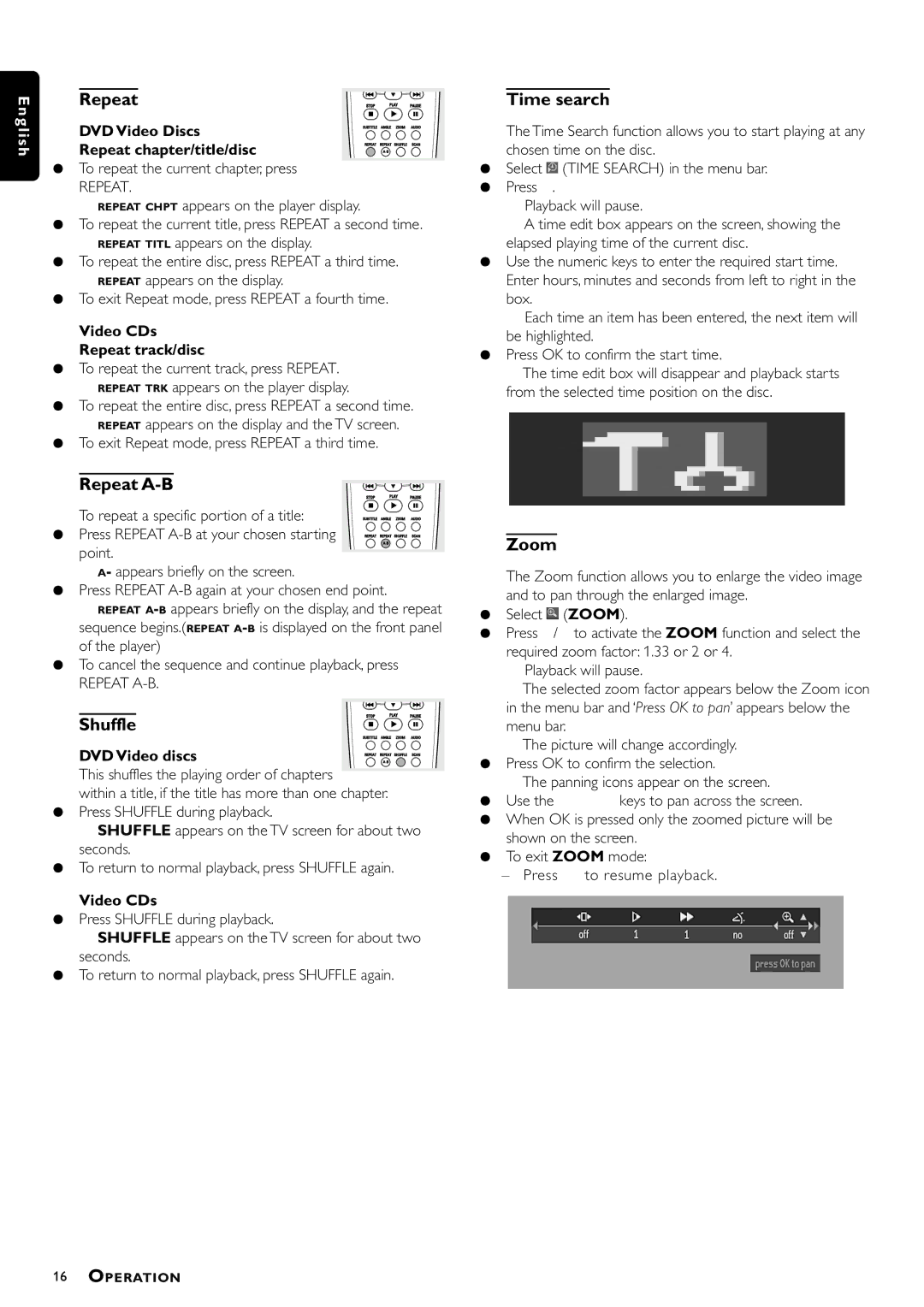 Philips DVD762/021 manual Repeat A-B, Shuffle, Time search, Zoom 