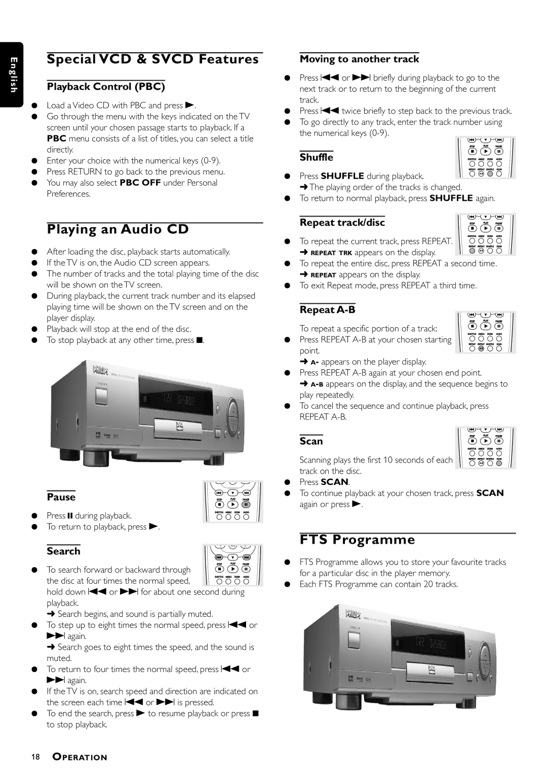 Philips DVD762/021 manual Special VCD & Svcd Features, Playing an Audio CD, FTS Programme 