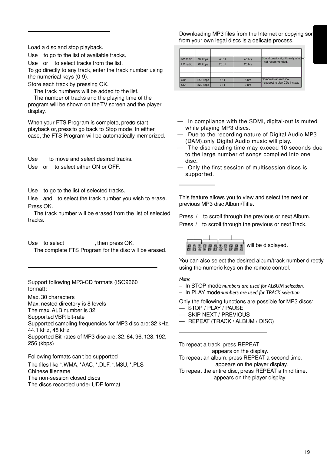 Philips DVD762/021 manual MP3 Disc Features, Storing an FTS Programme, Album/Title, MP3 Discs Album/Track/Disc 