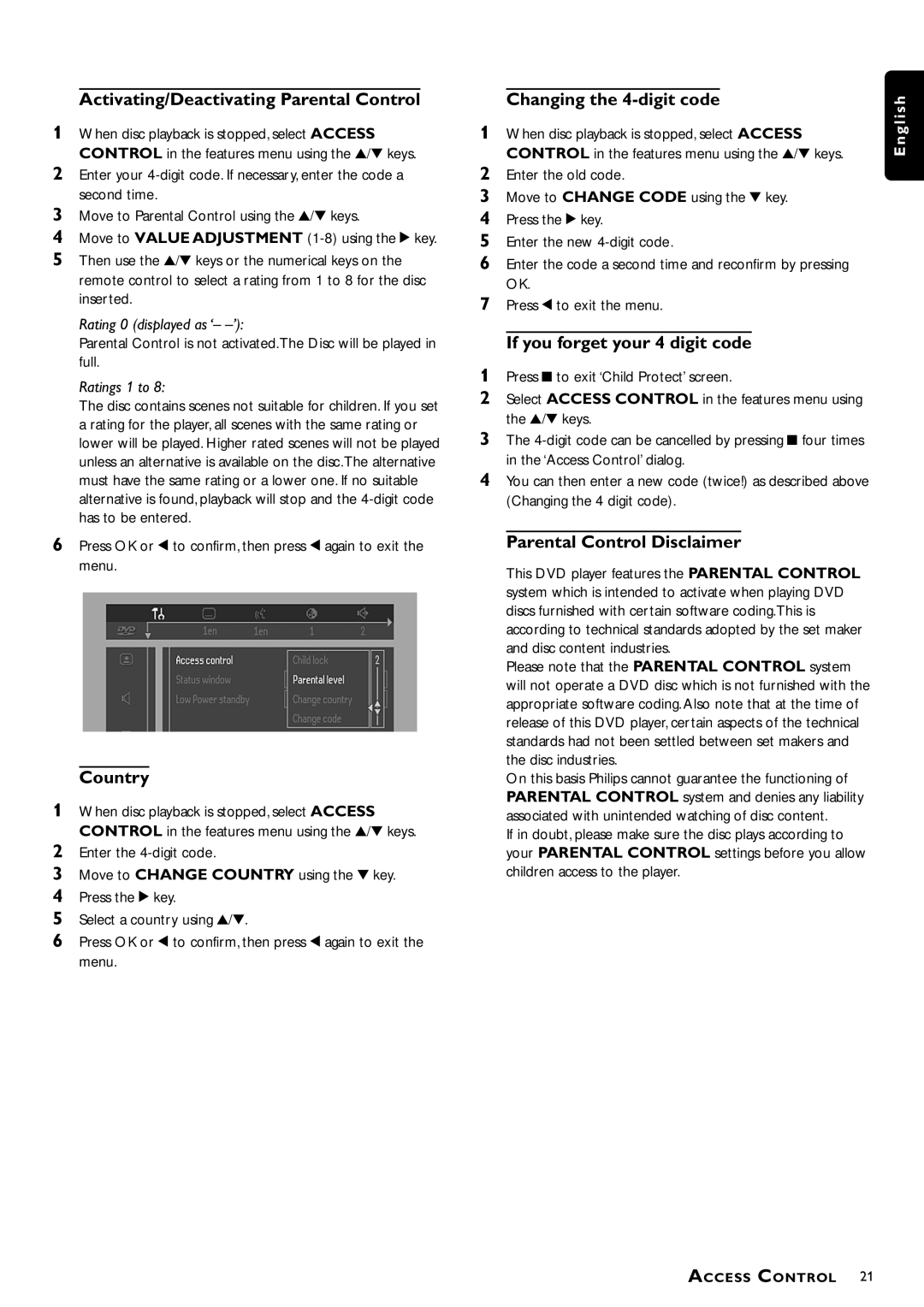 Philips DVD762/021 manual Activating/Deactivating Parental Control, Country, Changing the 4-digit code 