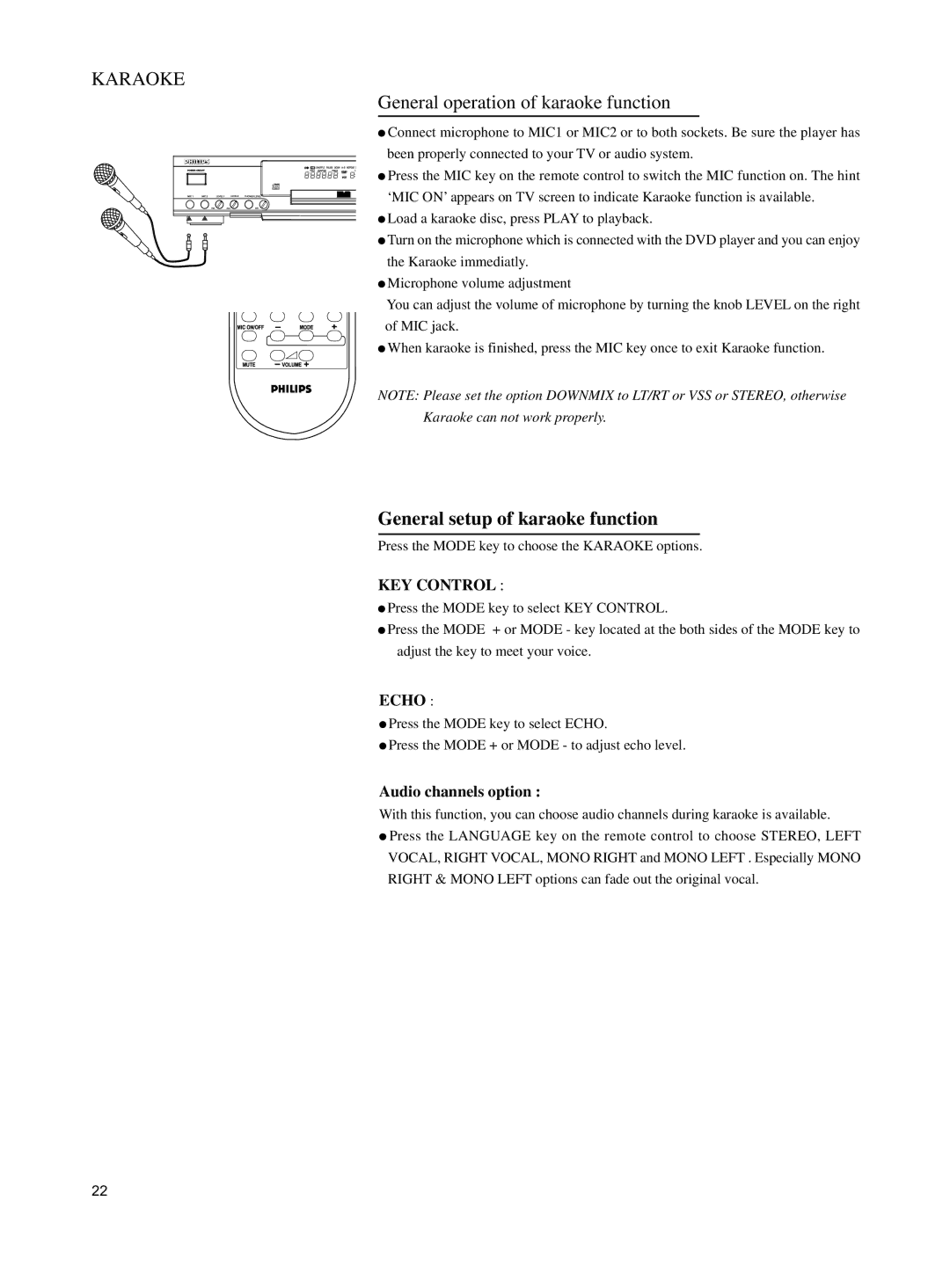 Philips DVD762K manual General operation of karaoke function, General setup of karaoke function, Audio channels option 