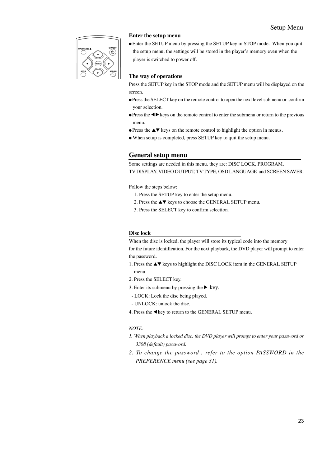 Philips DVD762K manual Setup Menu, General setup menu, Enter the setup menu, Way of operations, Disc lock 