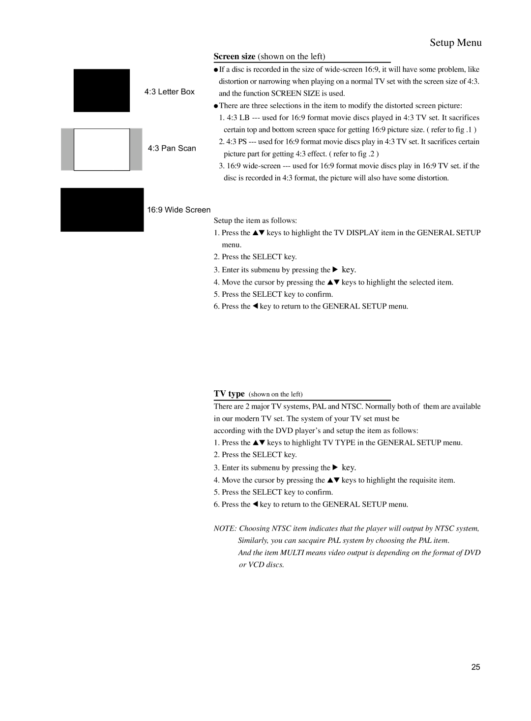 Philips DVD762K manual Screen size shown on the left 