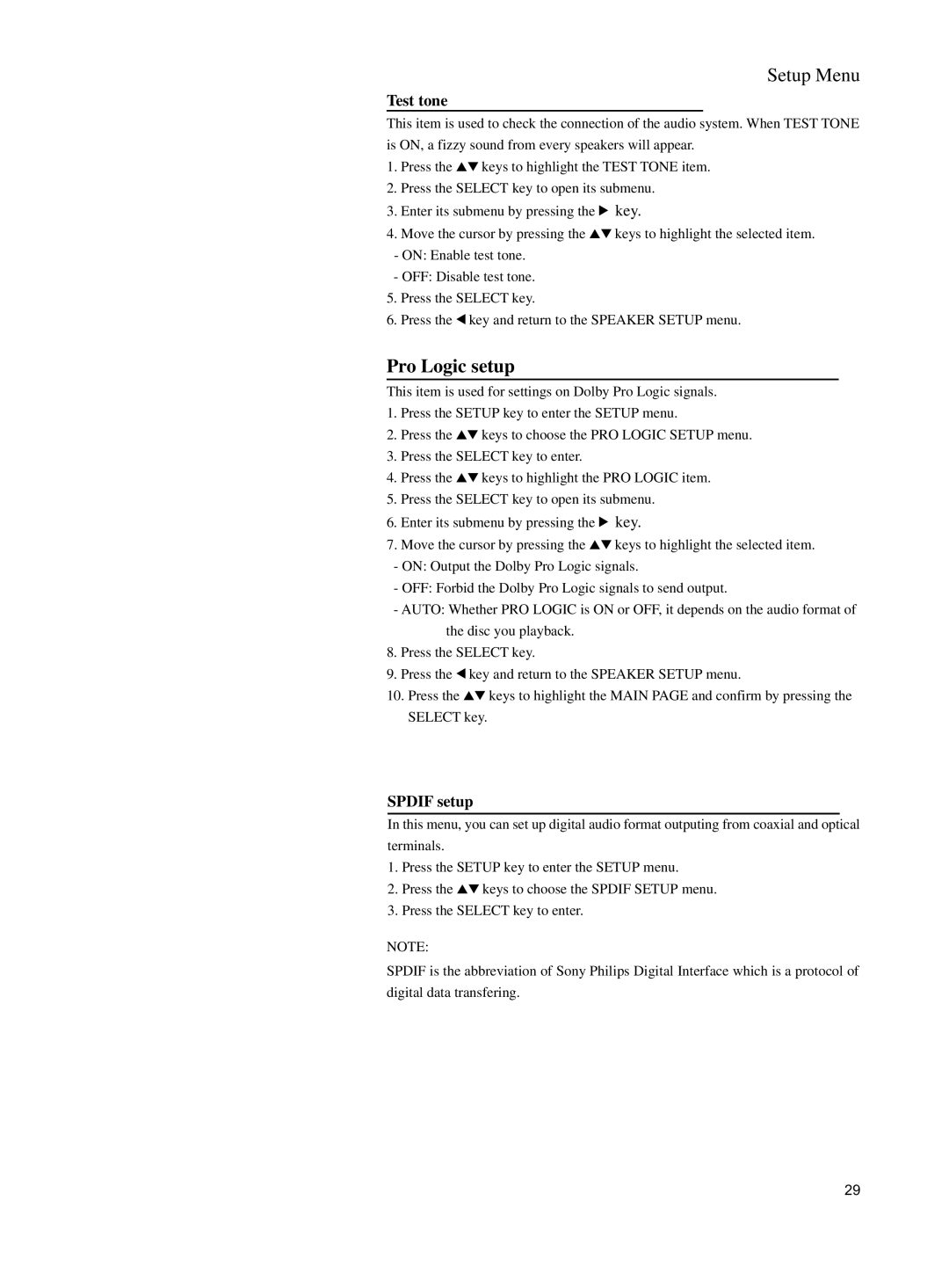 Philips DVD762K manual Pro Logic setup, Test tone, Spdif setup 