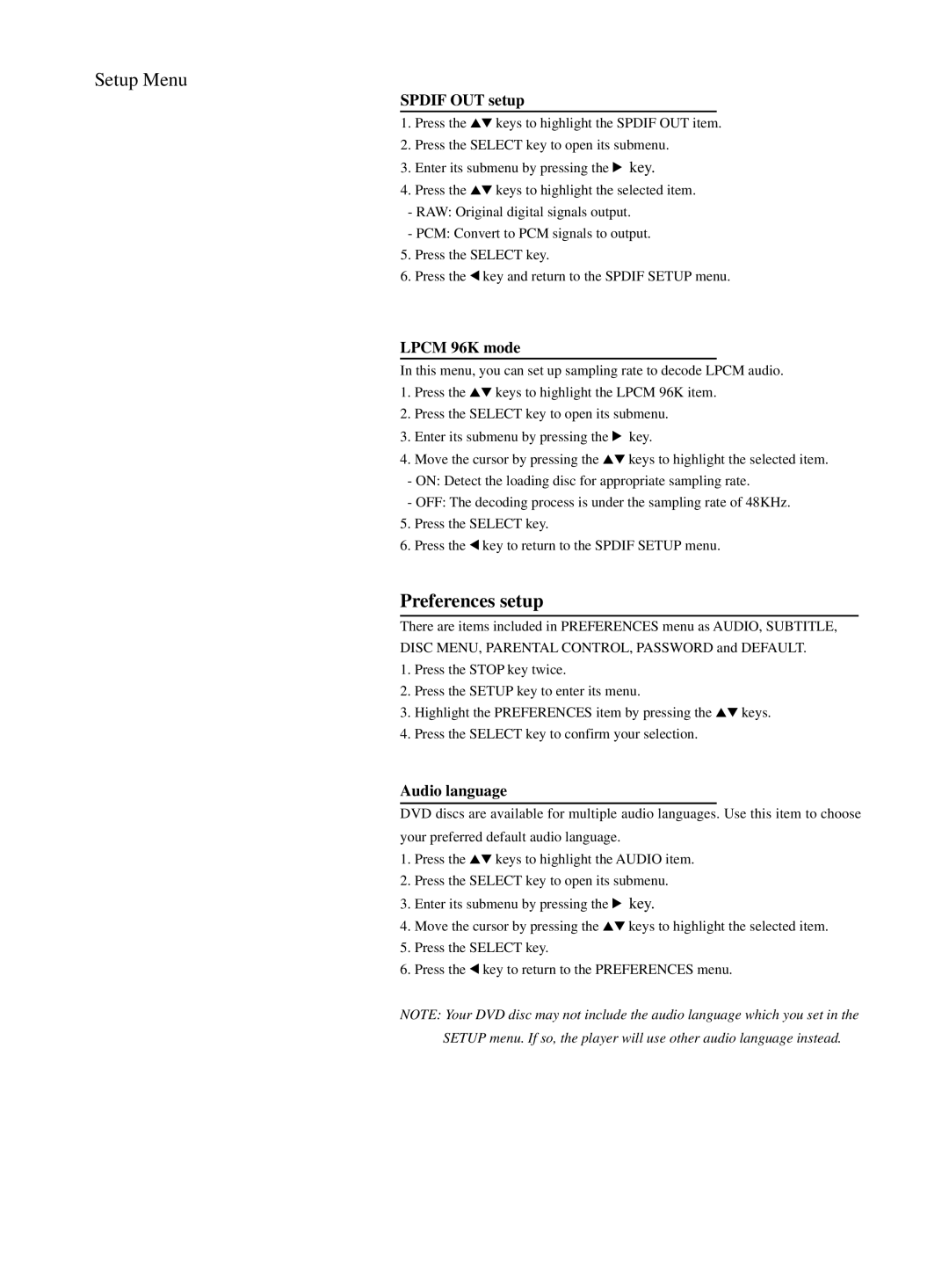 Philips DVD762K manual Preferences setup, Spdif OUT setup, Lpcm 96K mode, Audio language 