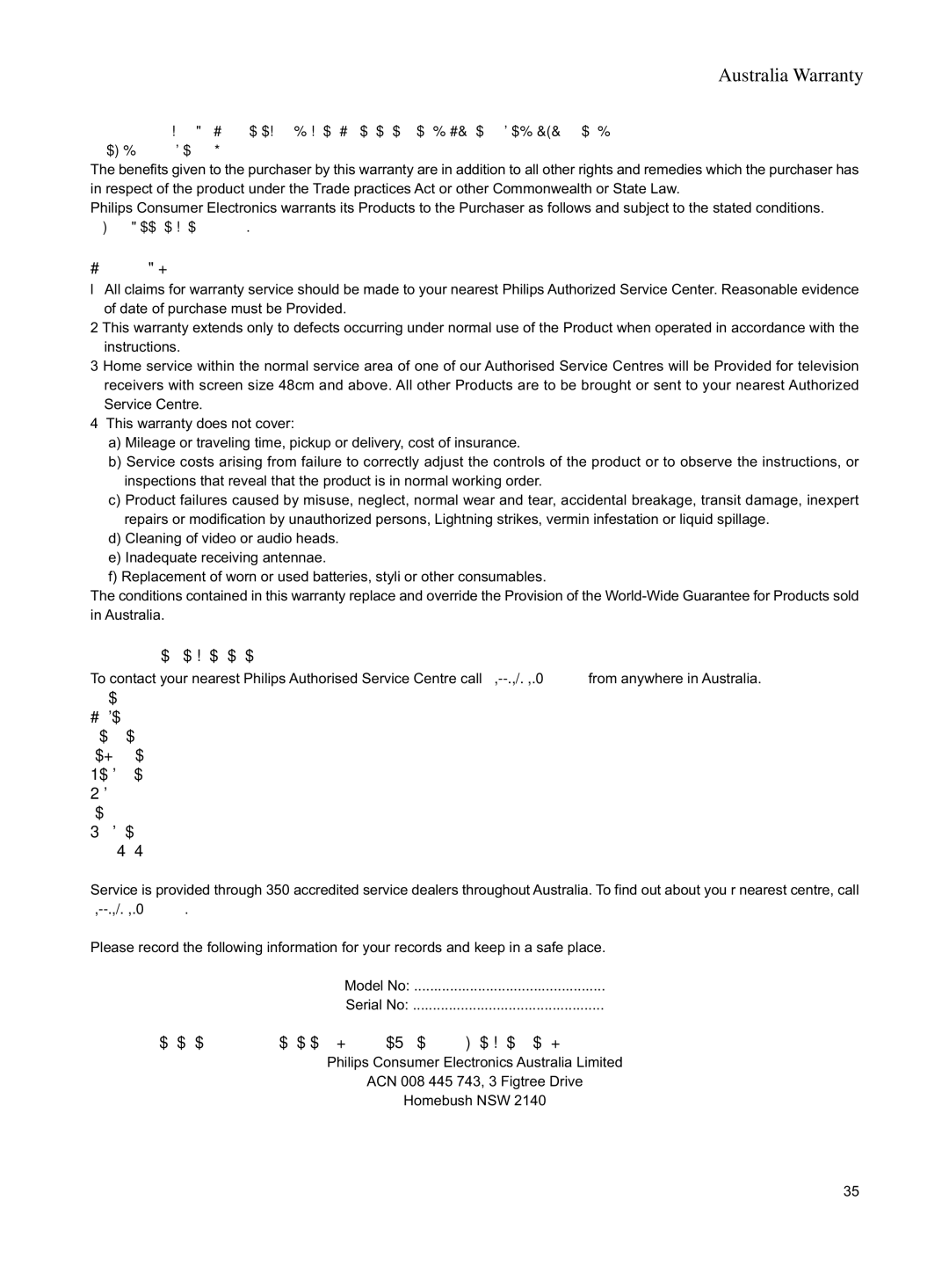 Philips DVD762K manual Australia Warranty, Philips Product Warranty for Australia only, Conditions of warranty 