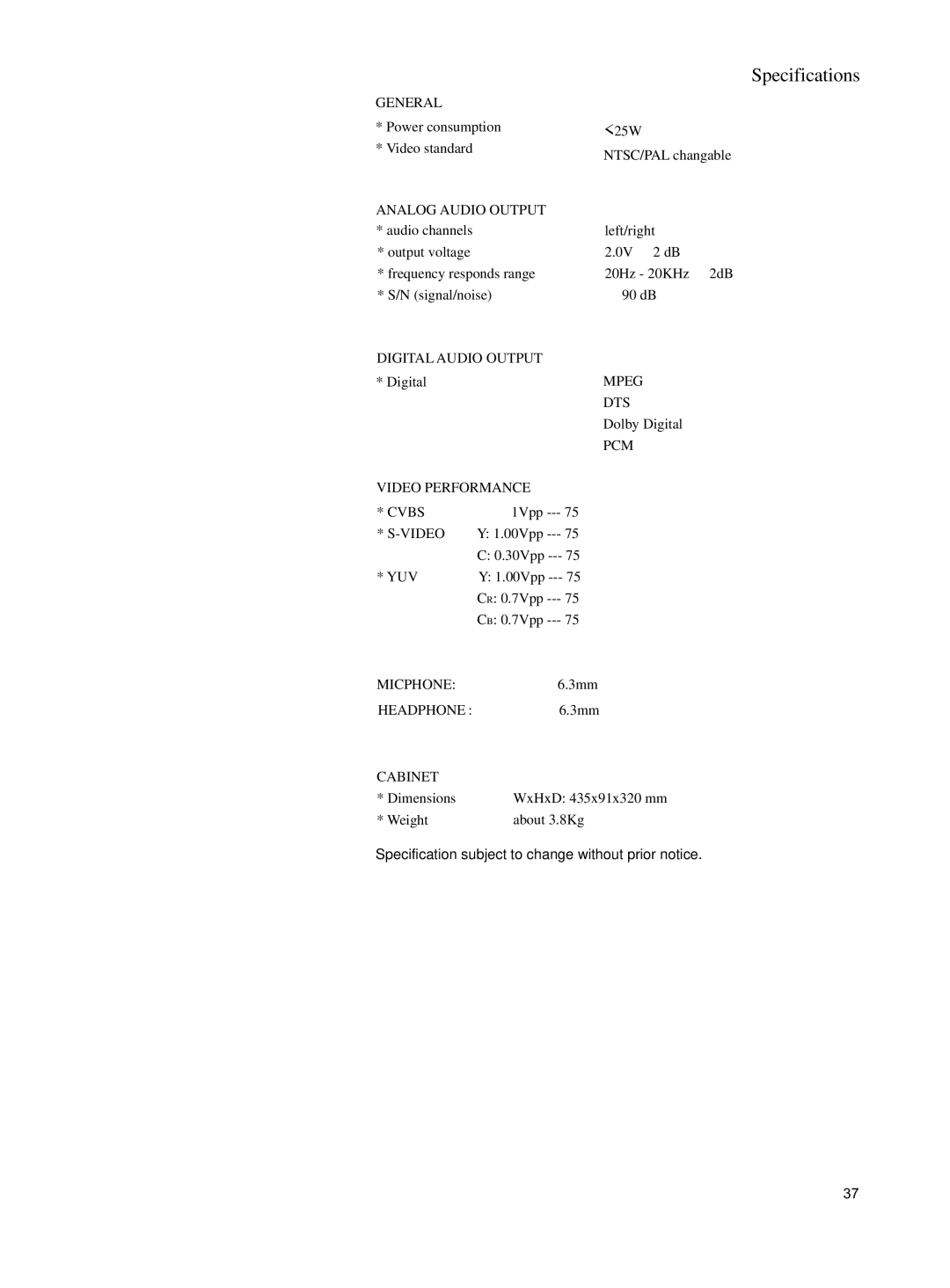 Philips DVD762K manual Specifications, Analog Audio Output 