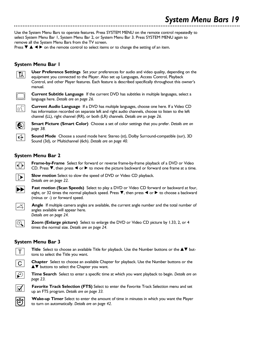 Philips DVD763SA owner manual System Menu Bars 