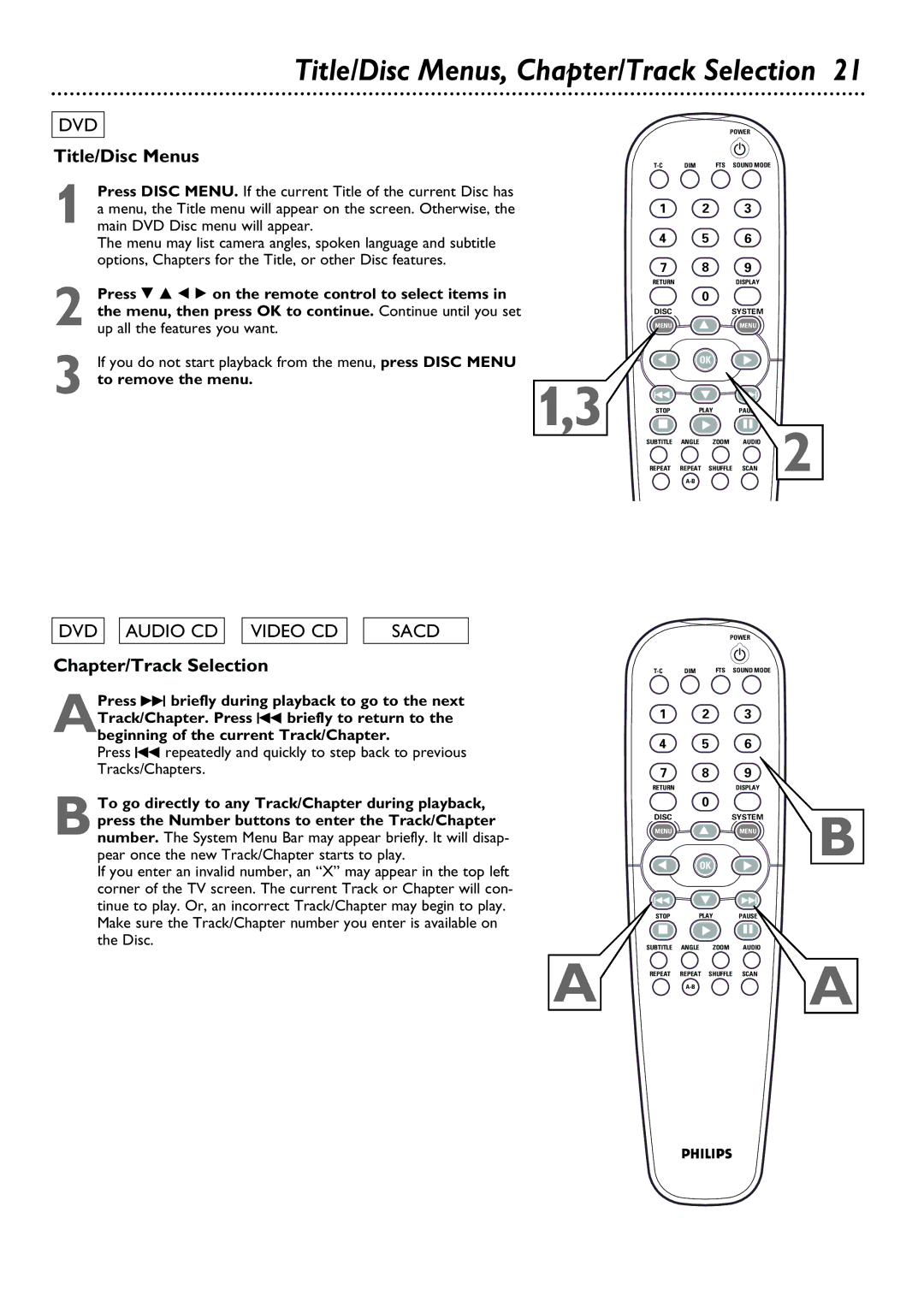 Philips DVD763SA owner manual Title/Disc Menus, Chapter/Track Selection 