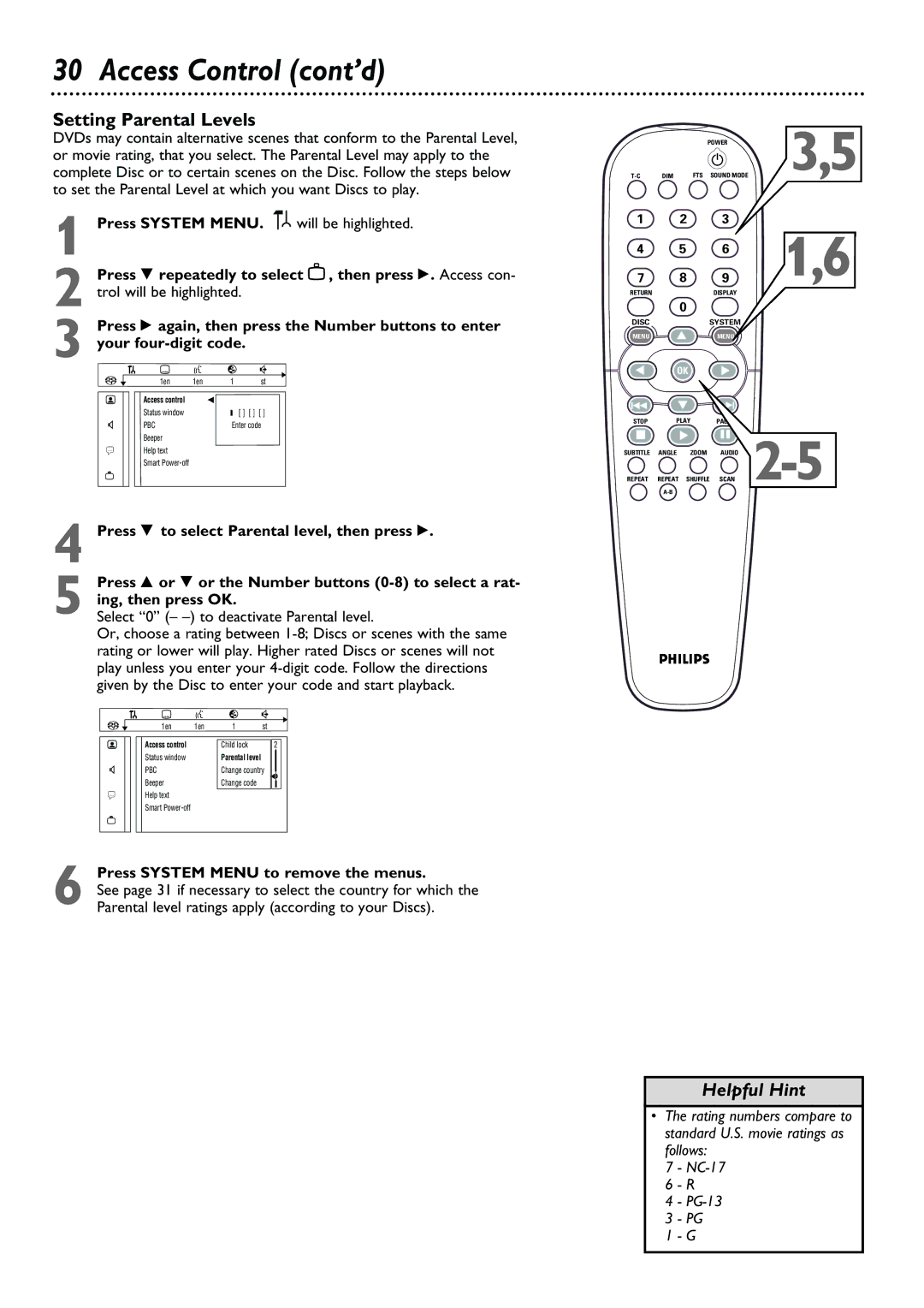 Philips DVD763SA Access Control cont’d, Setting Parental Levels, Press 9 repeatedly to select , then press . Access con 