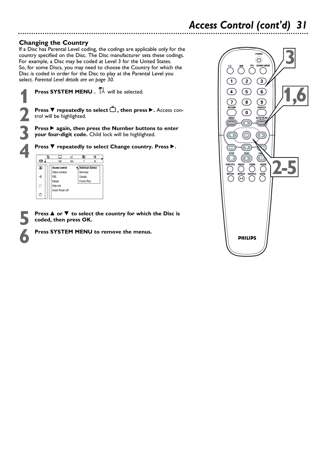 Philips DVD763SA owner manual Access Control contd, Changing the Country 