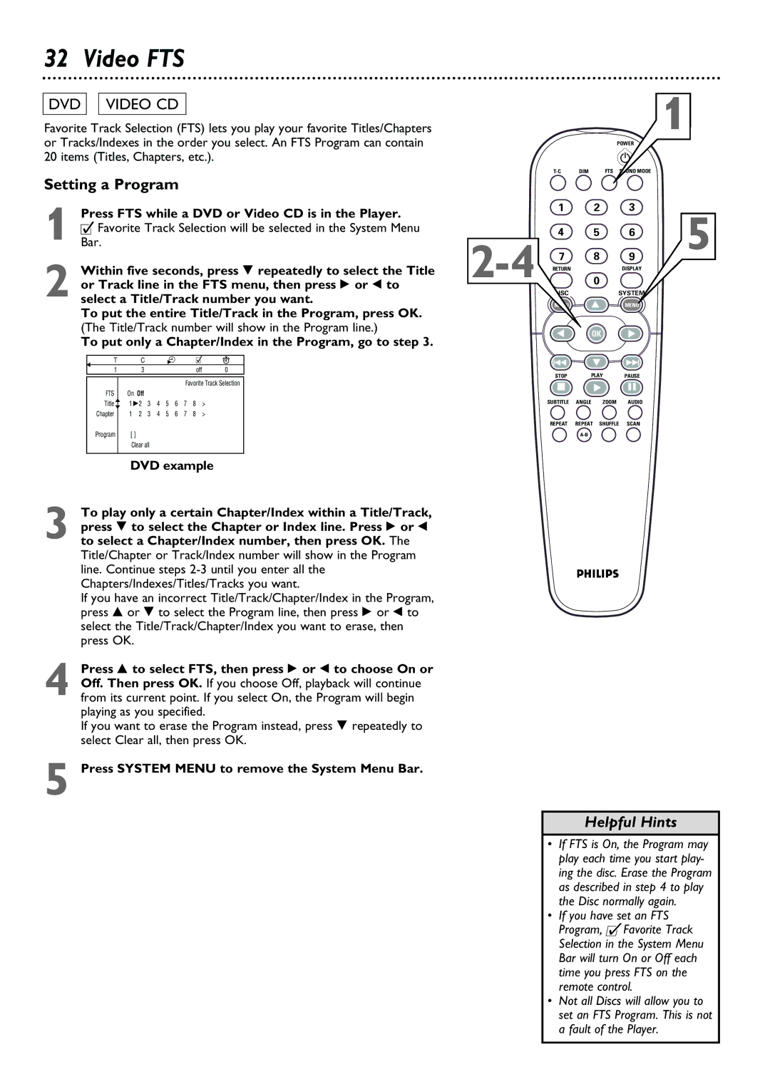 Philips DVD763SA owner manual Video FTS, Setting a Program 