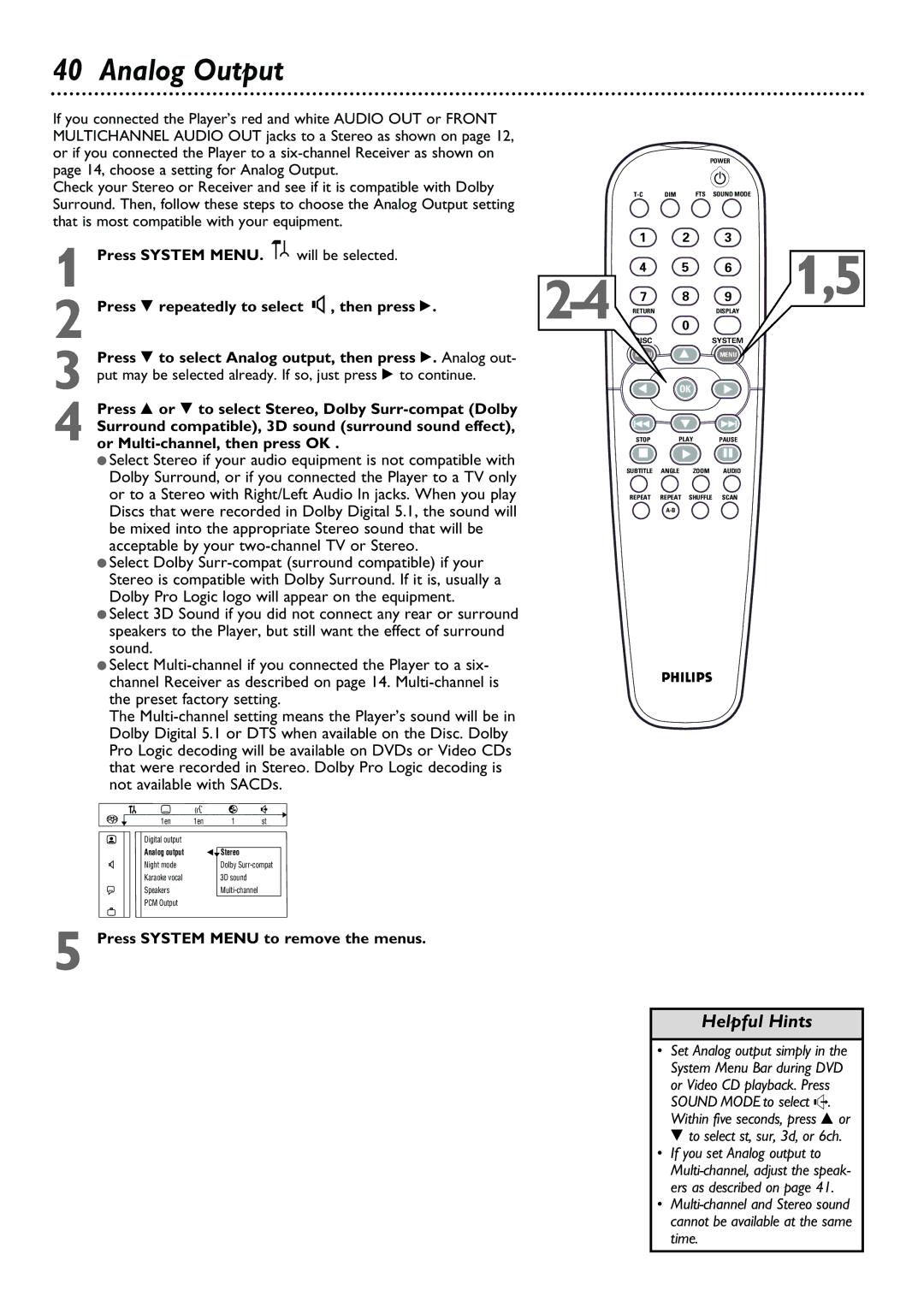 Philips DVD763SA owner manual Analog Output, Press 9 to select Analog output, then press . Analog out 