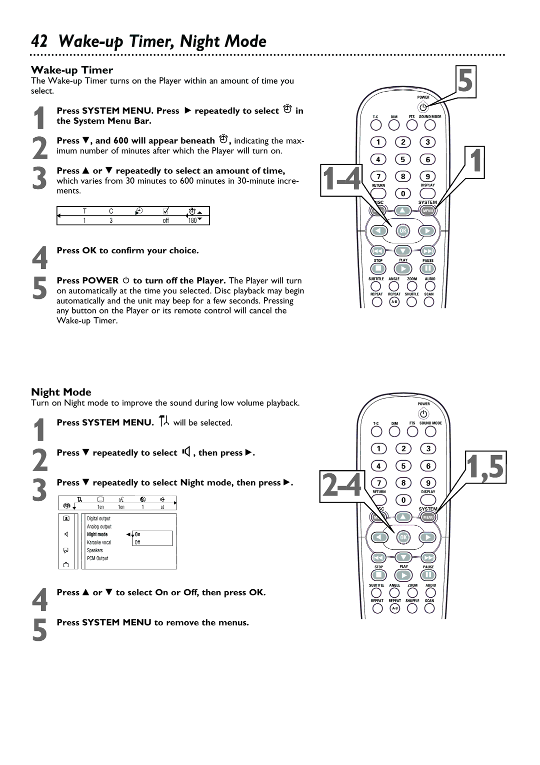 Philips DVD763SA owner manual Wake-up Timer, Night Mode 