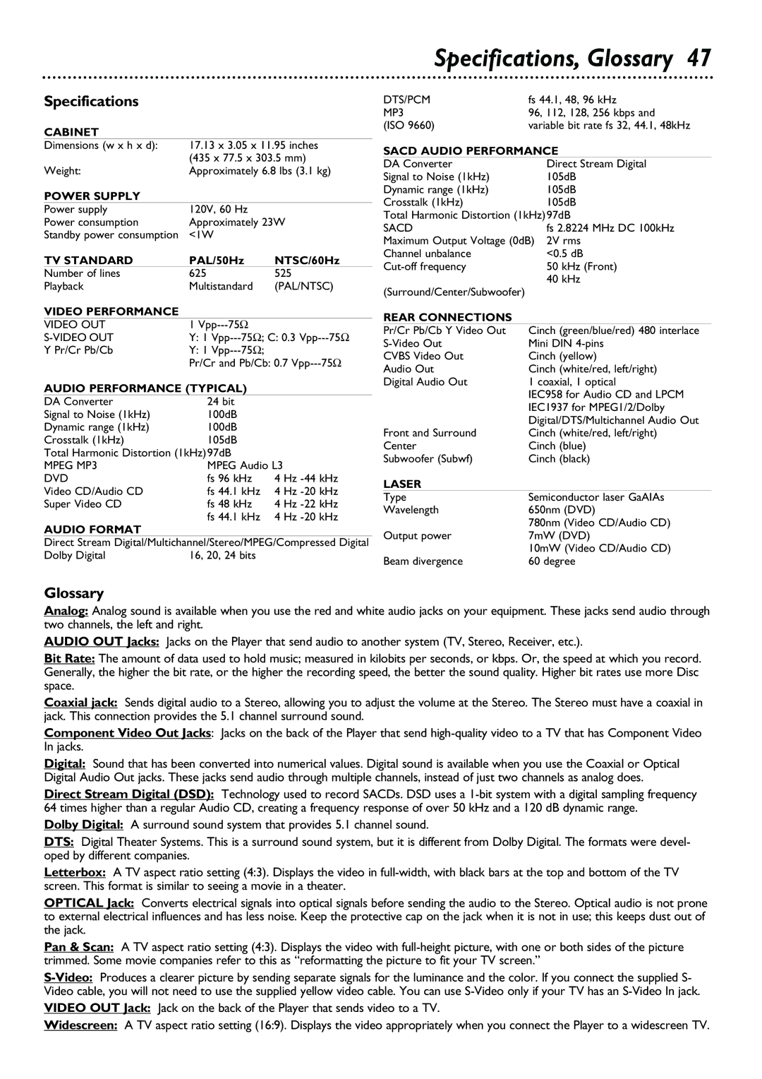 Philips DVD763SA owner manual Specifications, Glossary 