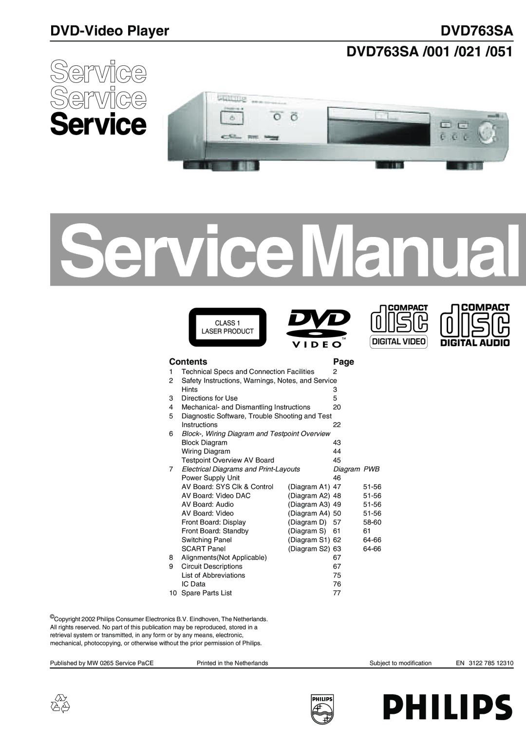 Philips DVD763SA/021, DVD763SA/001, DVD763SA/051 manual DVD-Video Player, DVD763SA /001 /021 /051, Contents 