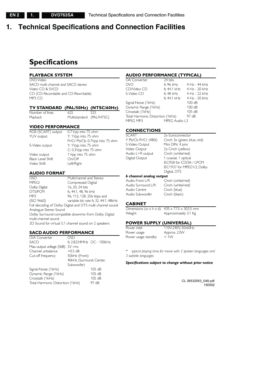 Philips DVD763SA/051, DVD763SA/001, DVD763SA/021 manual Technical Specifications and Connection Facilities 