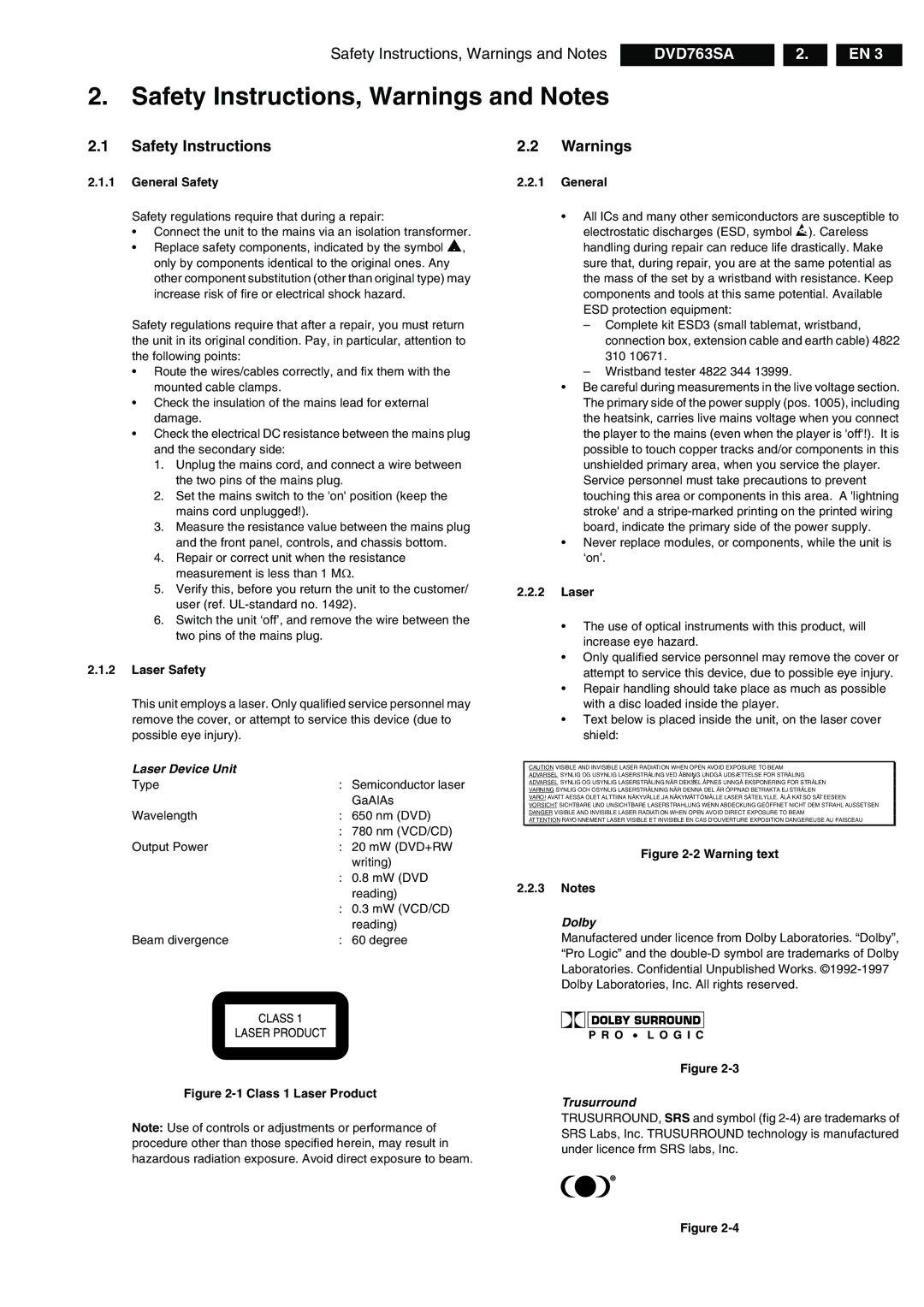 Philips DVD763SA/001, DVD763SA/021 manual Safety Instructions, Warnings and Notes, Laser Device Unit, Dolby, Trusurround 