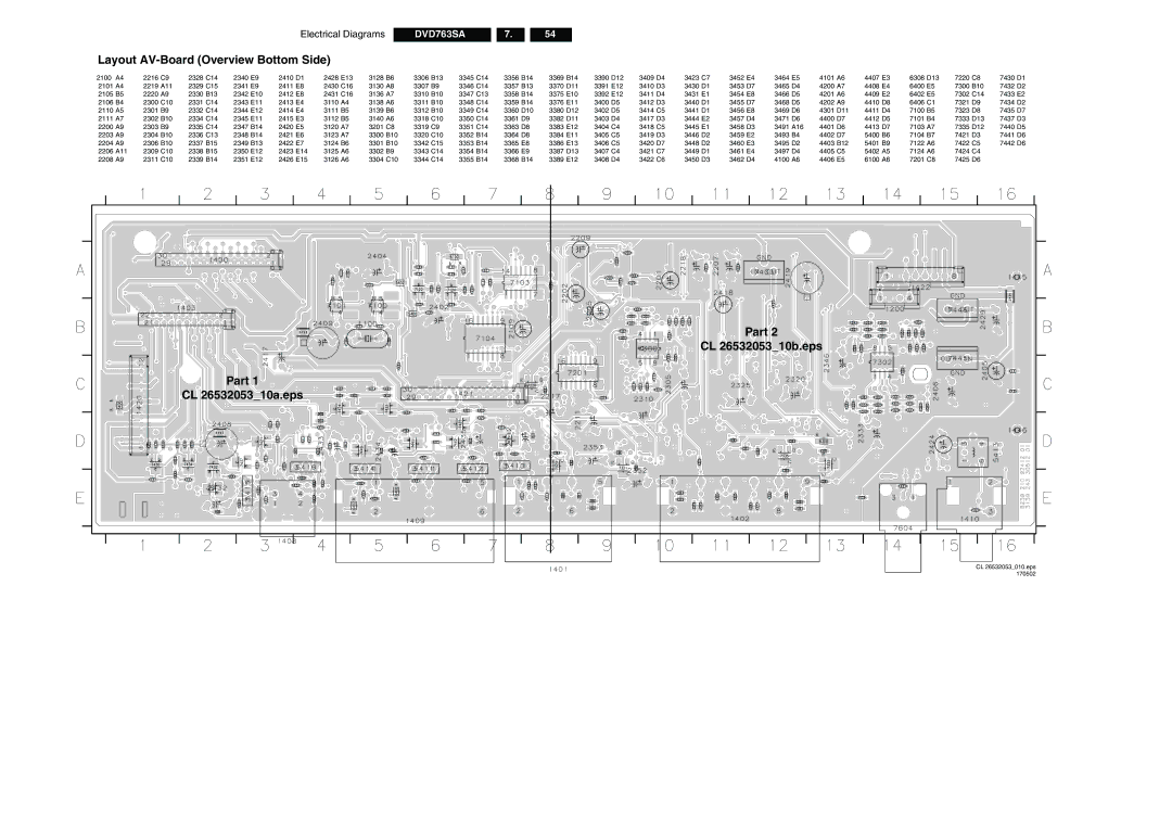 Philips DVD763SA/001, DVD763SA/021, DVD763SA/051 manual Layout AV-Board Overview Bottom Side, Part, CL 26532053010.eps 