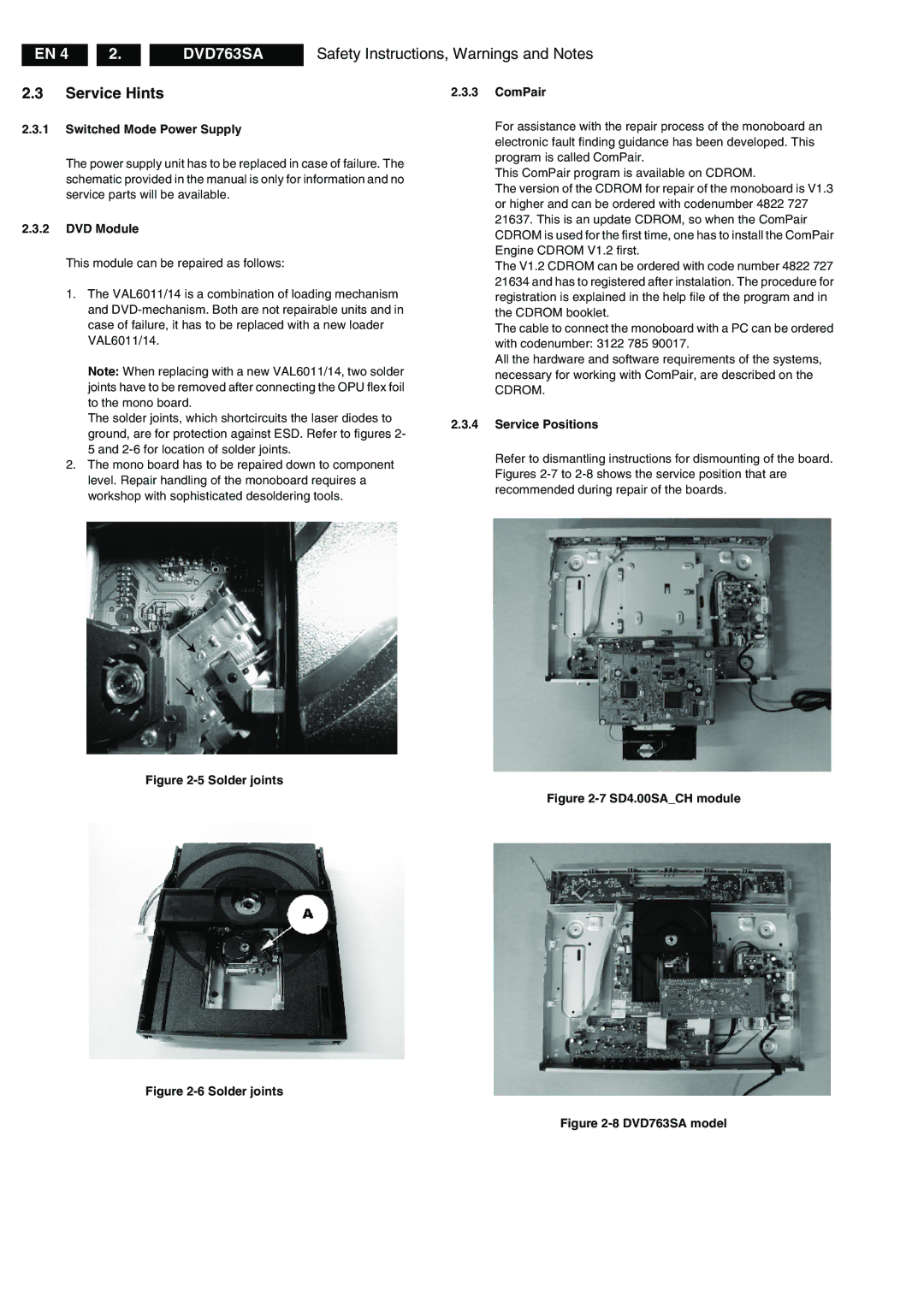 Philips DVD763SA/021, DVD763SA/001 manual Service Hints, ComPair, Switched Mode Power Supply, DVD Module, Service Positions 