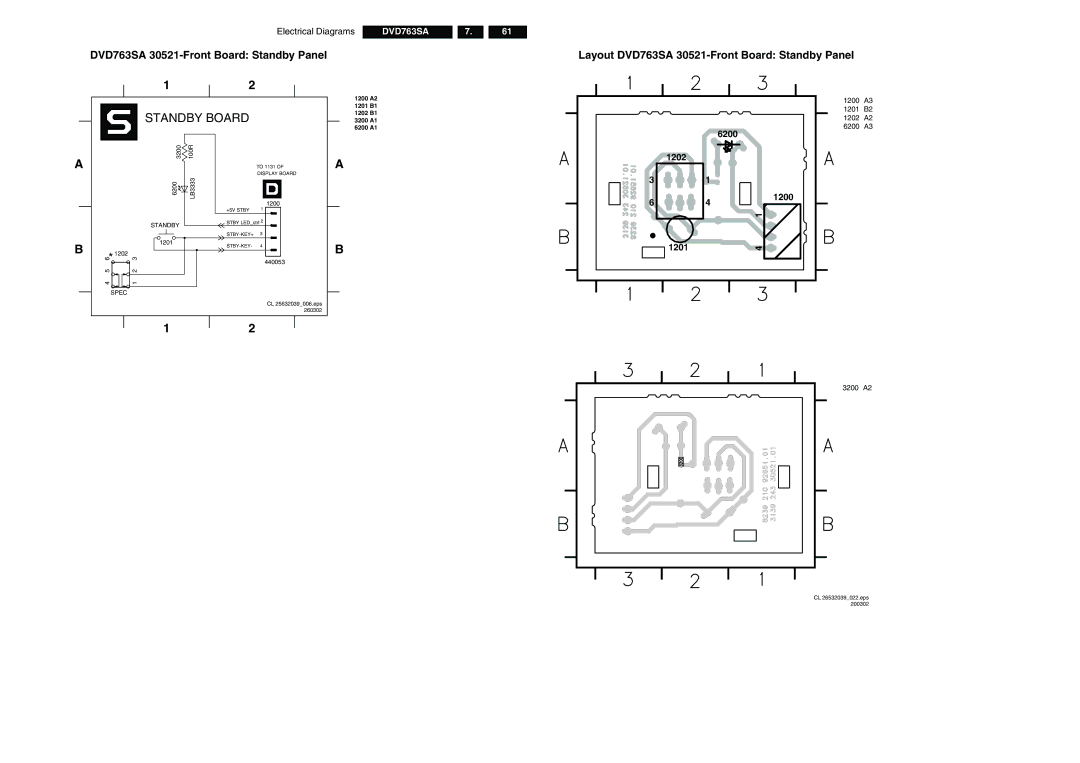 Philips DVD763SA/021 manual Layout DVD763SA 30521-Front Board Standby Panel, 6200 1202 1200 1201, 1200 1201 1202 6200 