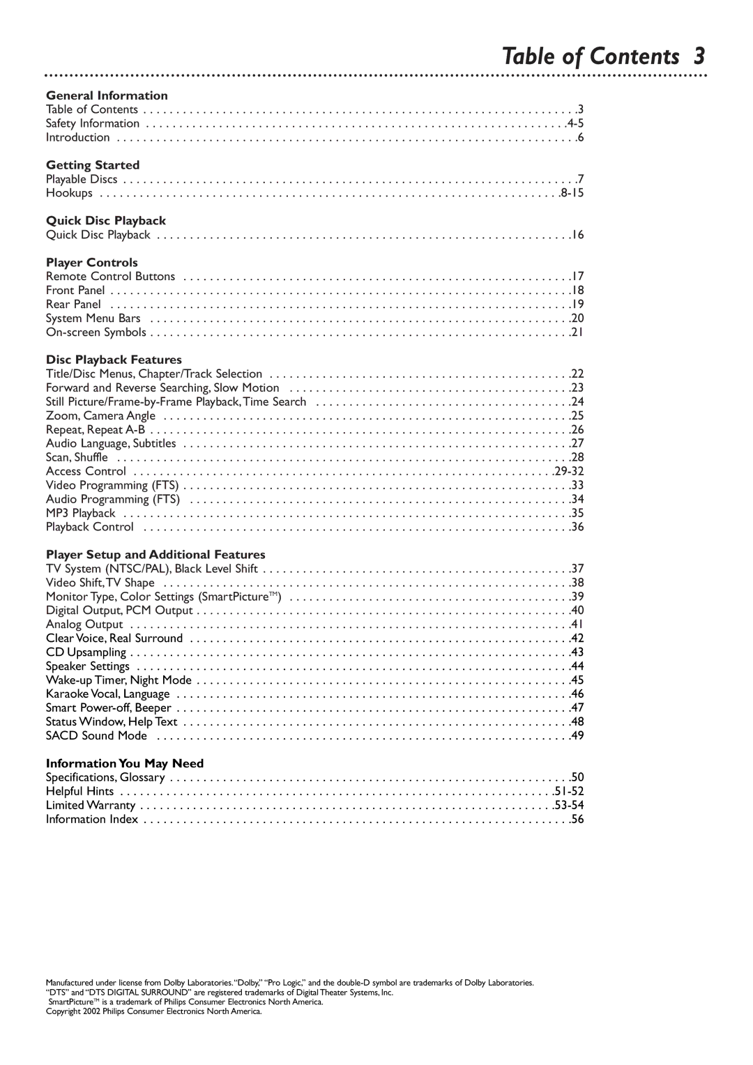 Philips DVD765SA owner manual Table of Contents 