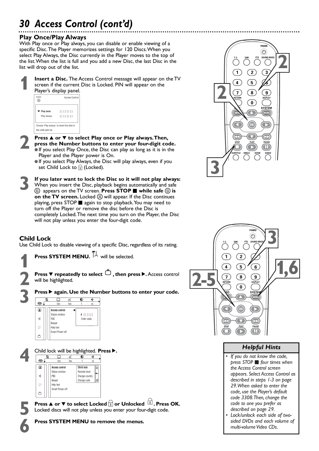 Philips DVD765SA owner manual Access Control cont’d, Play Once/Play Always, Child Lock 