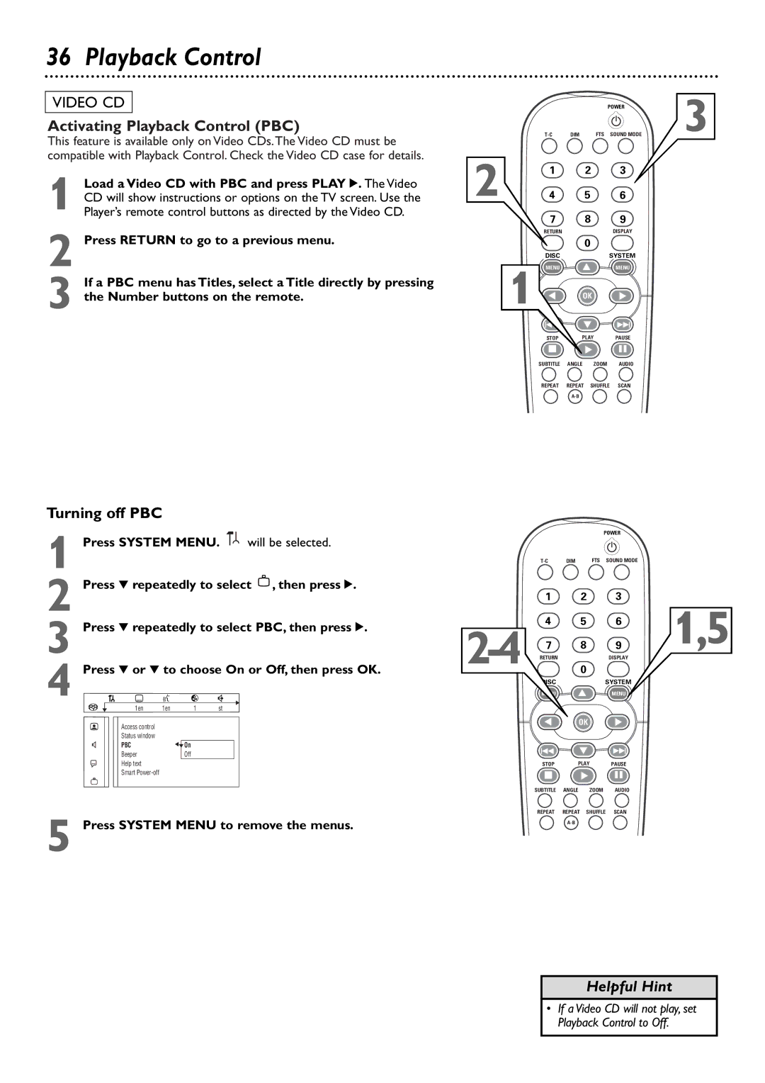 Philips DVD765SA owner manual Activating Playback Control PBC, Turning off PBC 