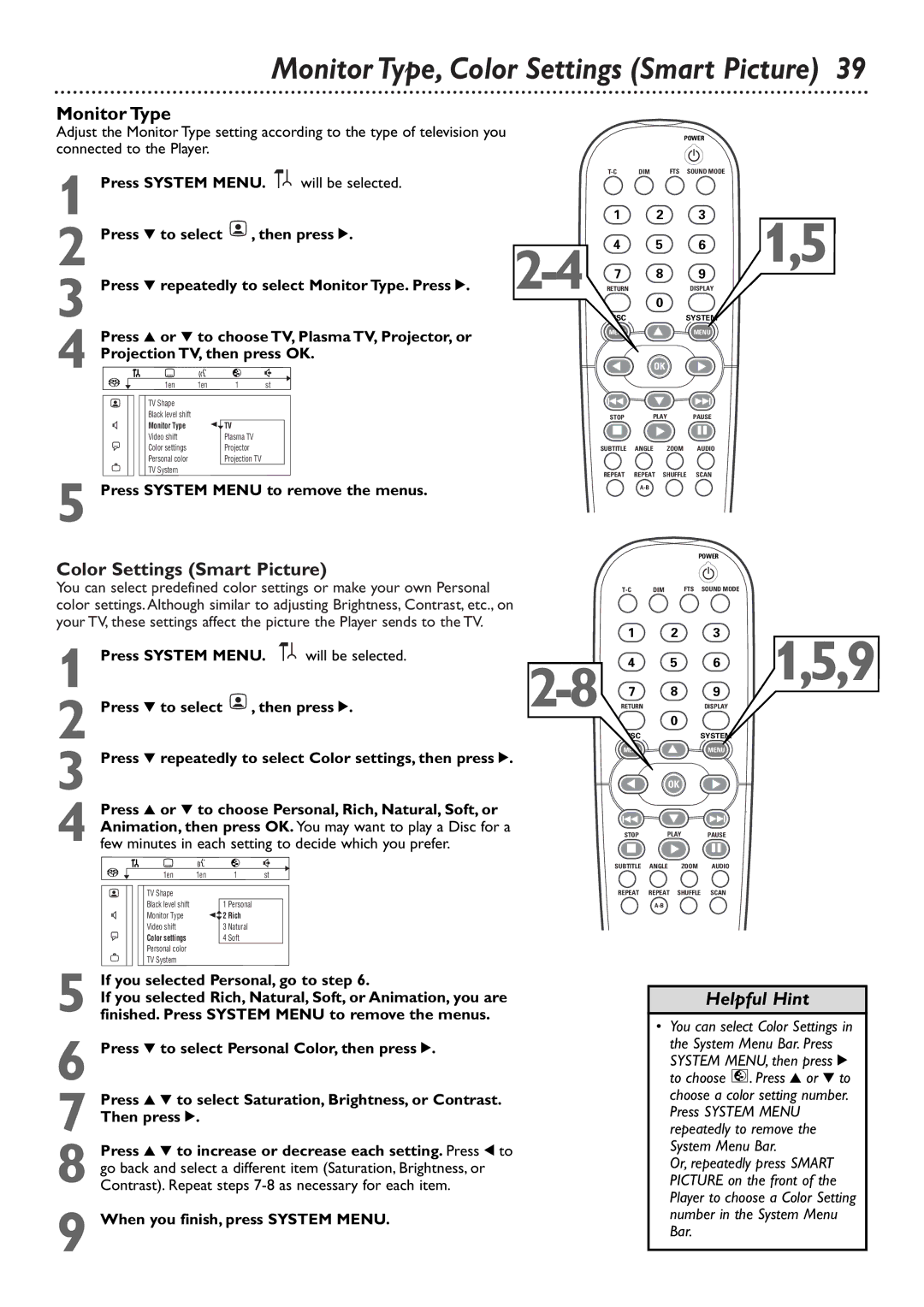 Philips DVD765SA owner manual Monitor Type, Color Settings Smart Picture 