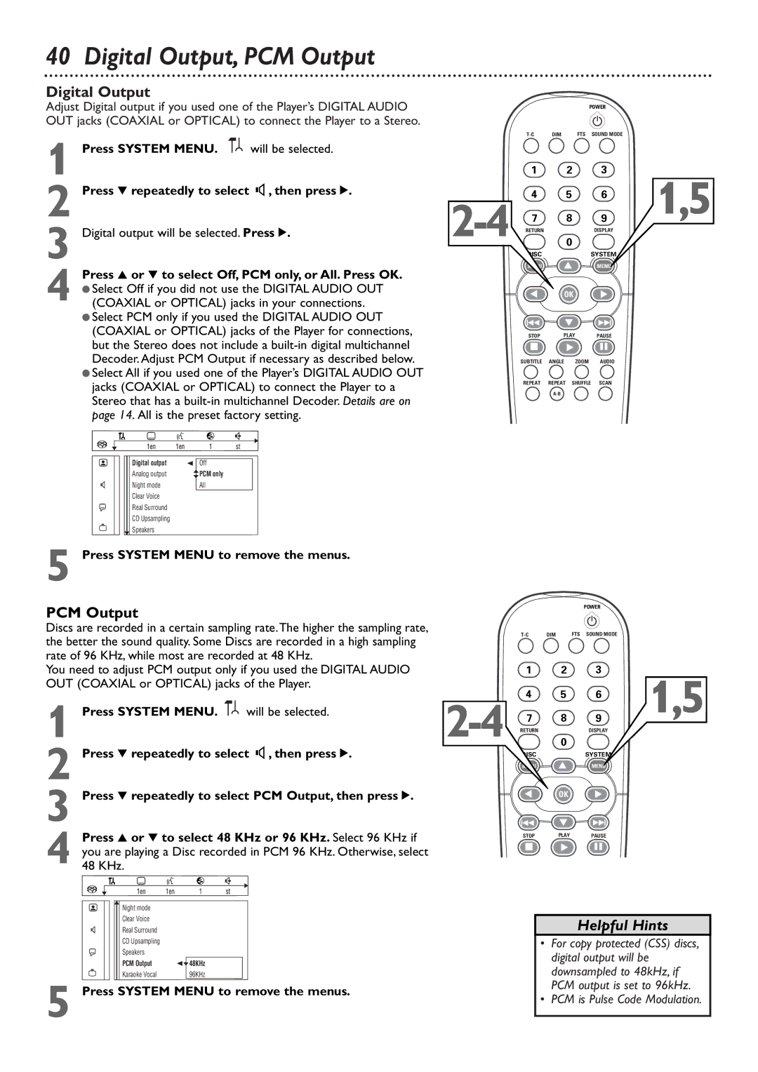 Philips DVD765SA owner manual Digital Output, PCM Output, Press 4 repeatedly to select G, then press 